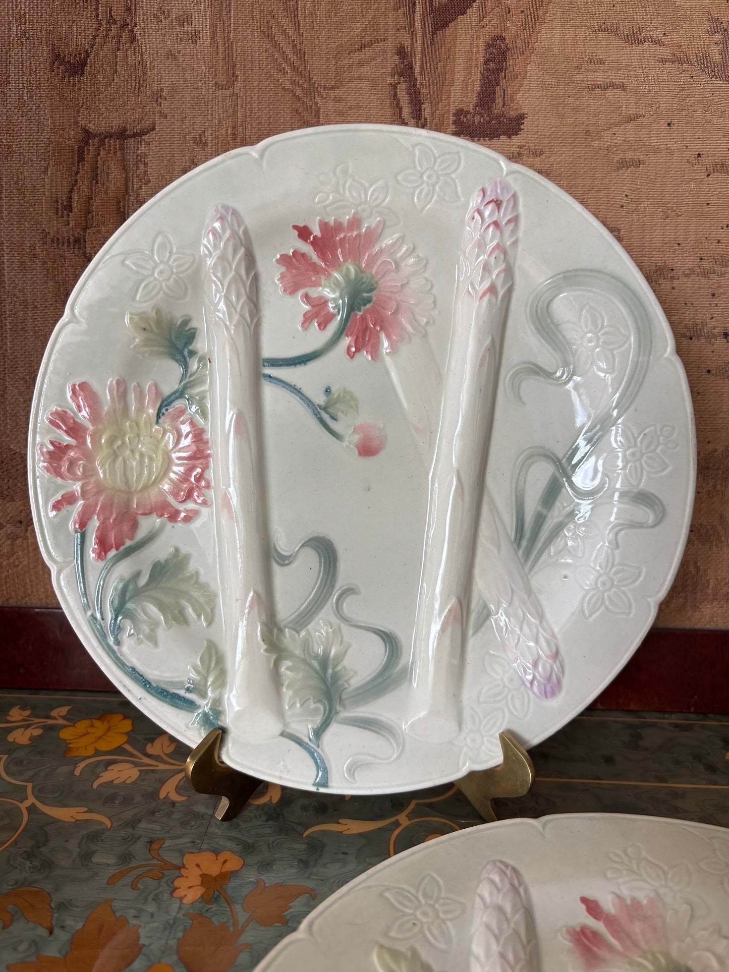 Antique French St Clement Majolica Asparagus Plate