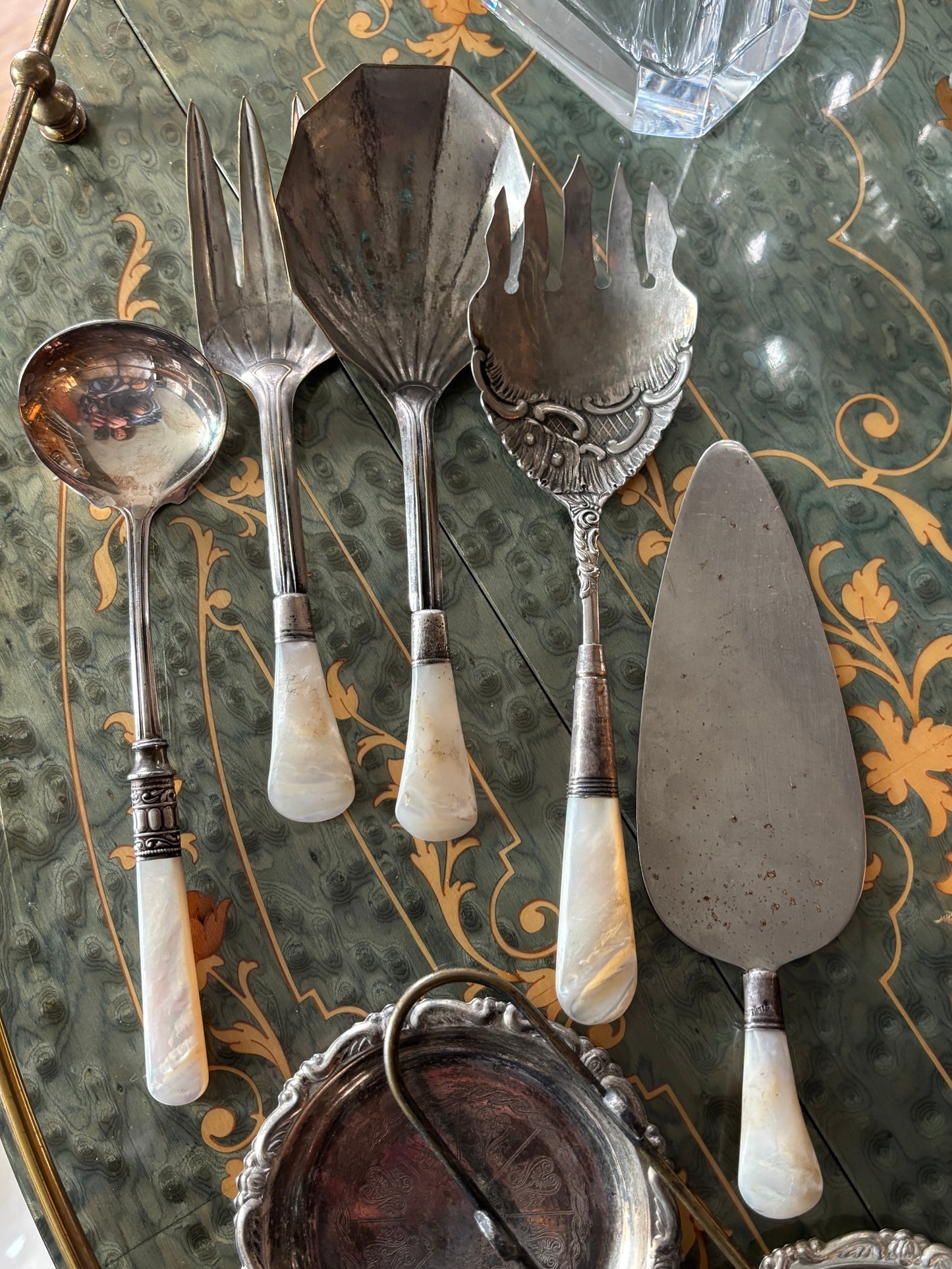 Antique Mother of Pearl Sterling Servingware Dining Utensils Set of 5