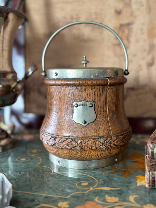 English Oak Silver Biscuit Barrel Ice Bucket