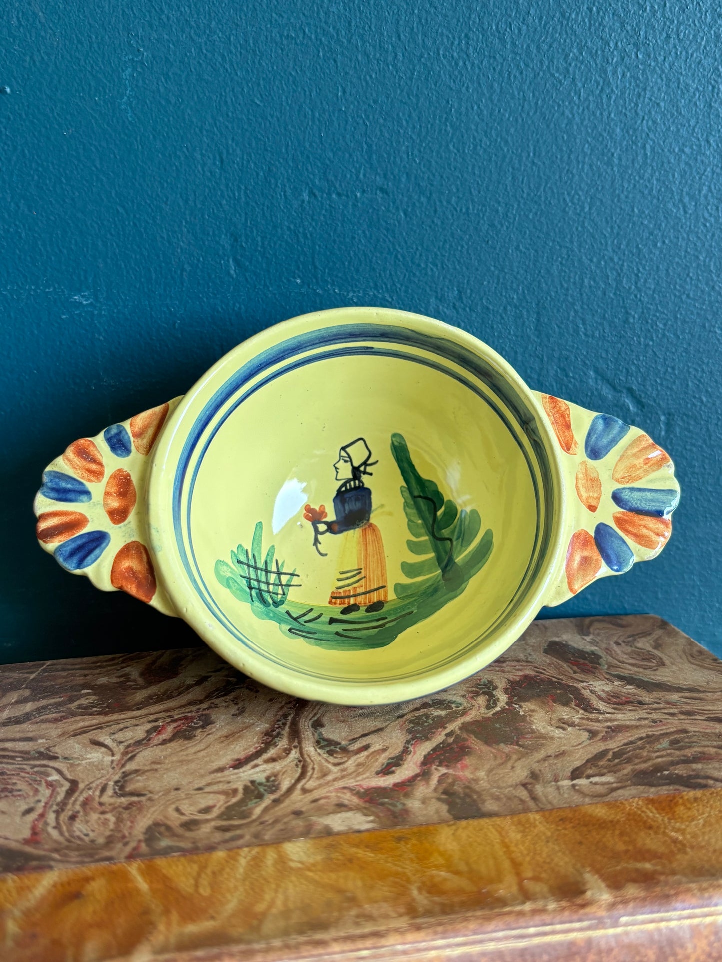 Vintage Hand Painted French Faience Quimper Lug Handled Bowl