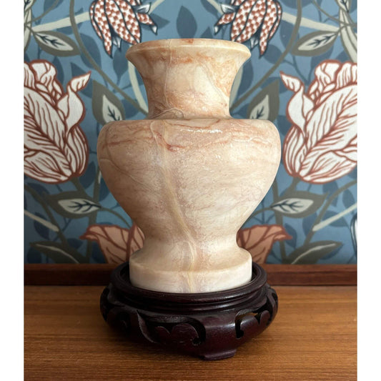 Vintage Soft Beige/Pink Alabaster Vase w/ Wooden Riser image 0
