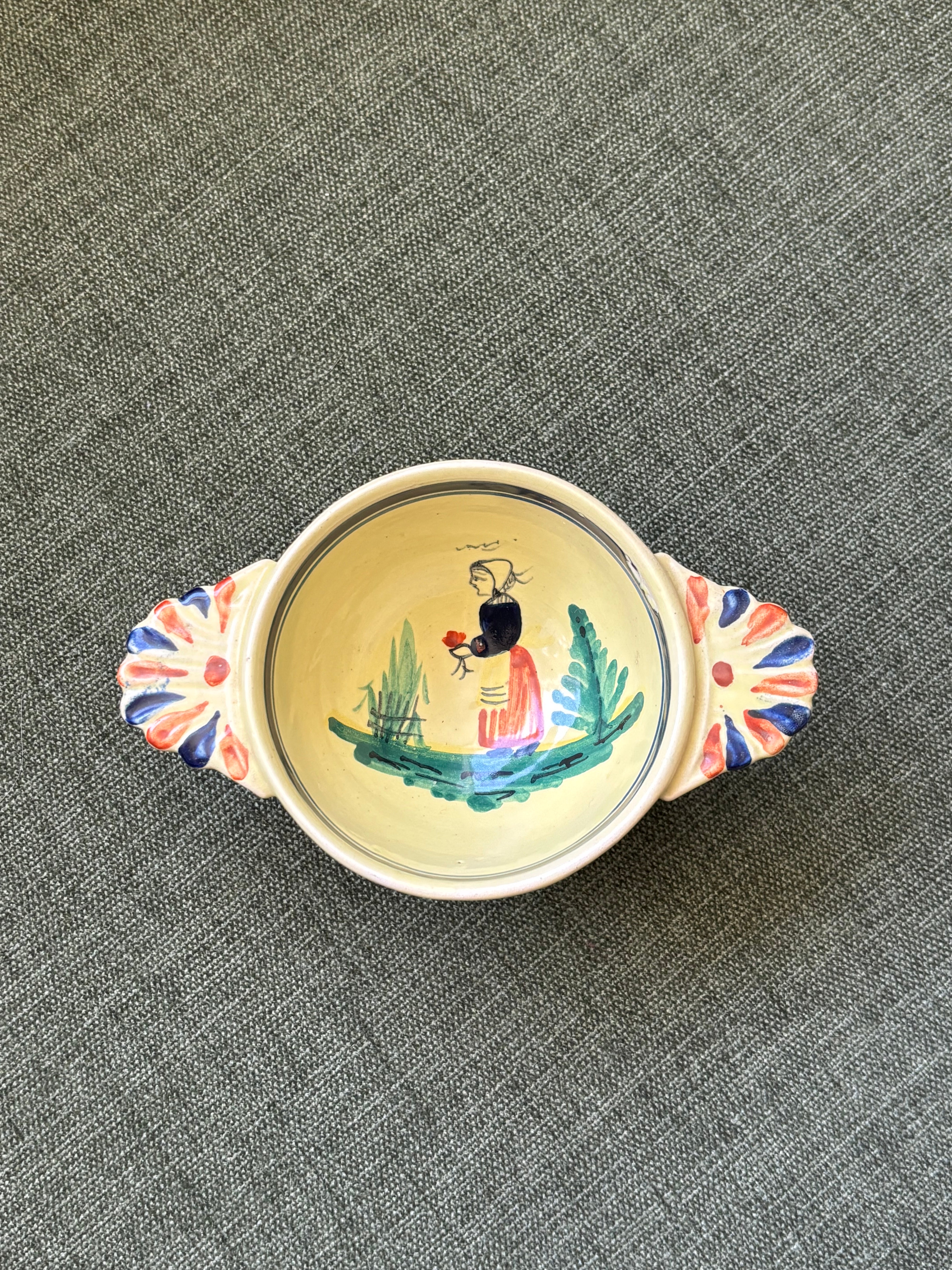 Vintage Hand Painted French Faience Quimper Lug Handled Bowl