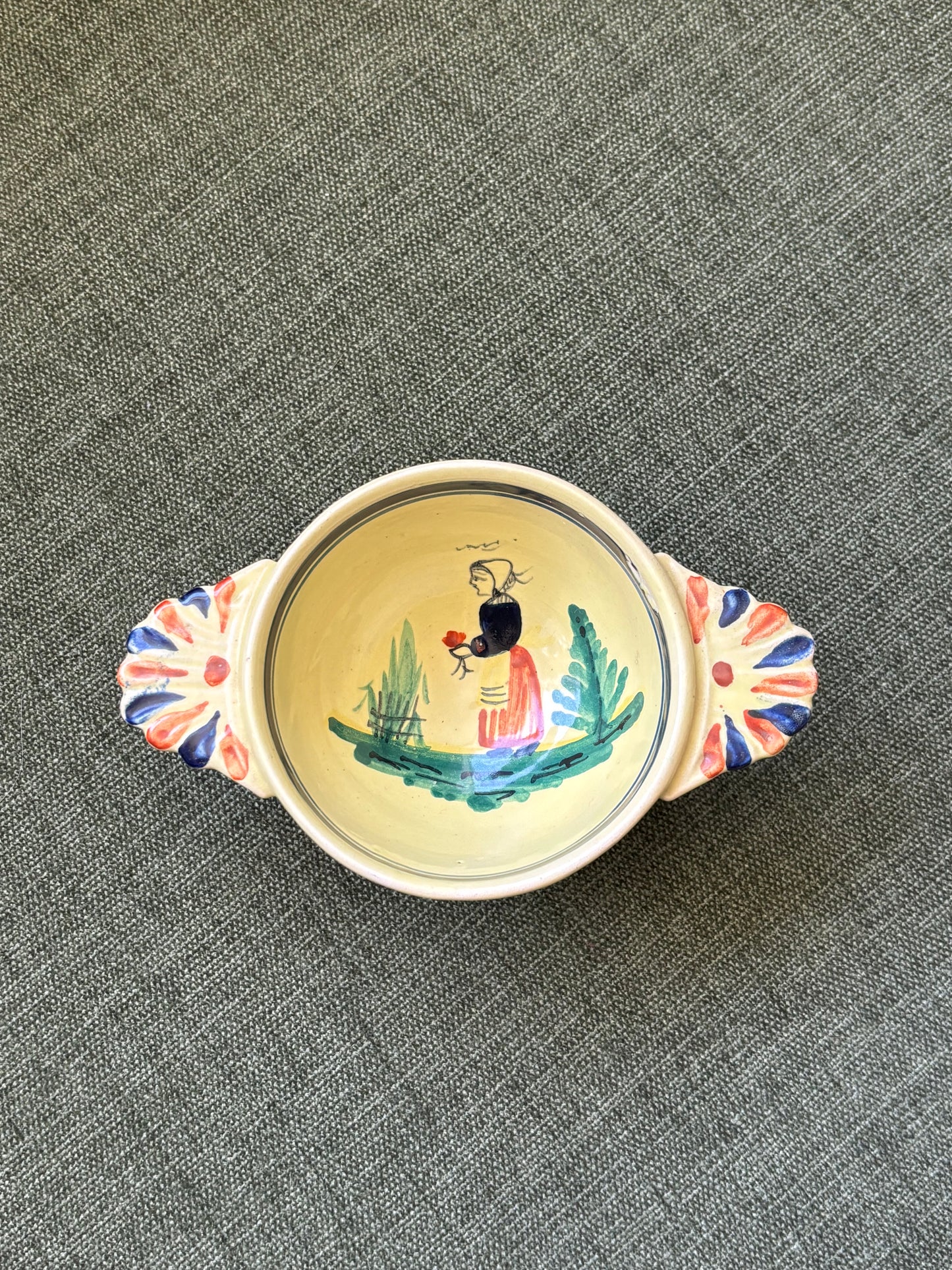 Vintage Hand Painted French Faience Quimper Lug Handled Bowl