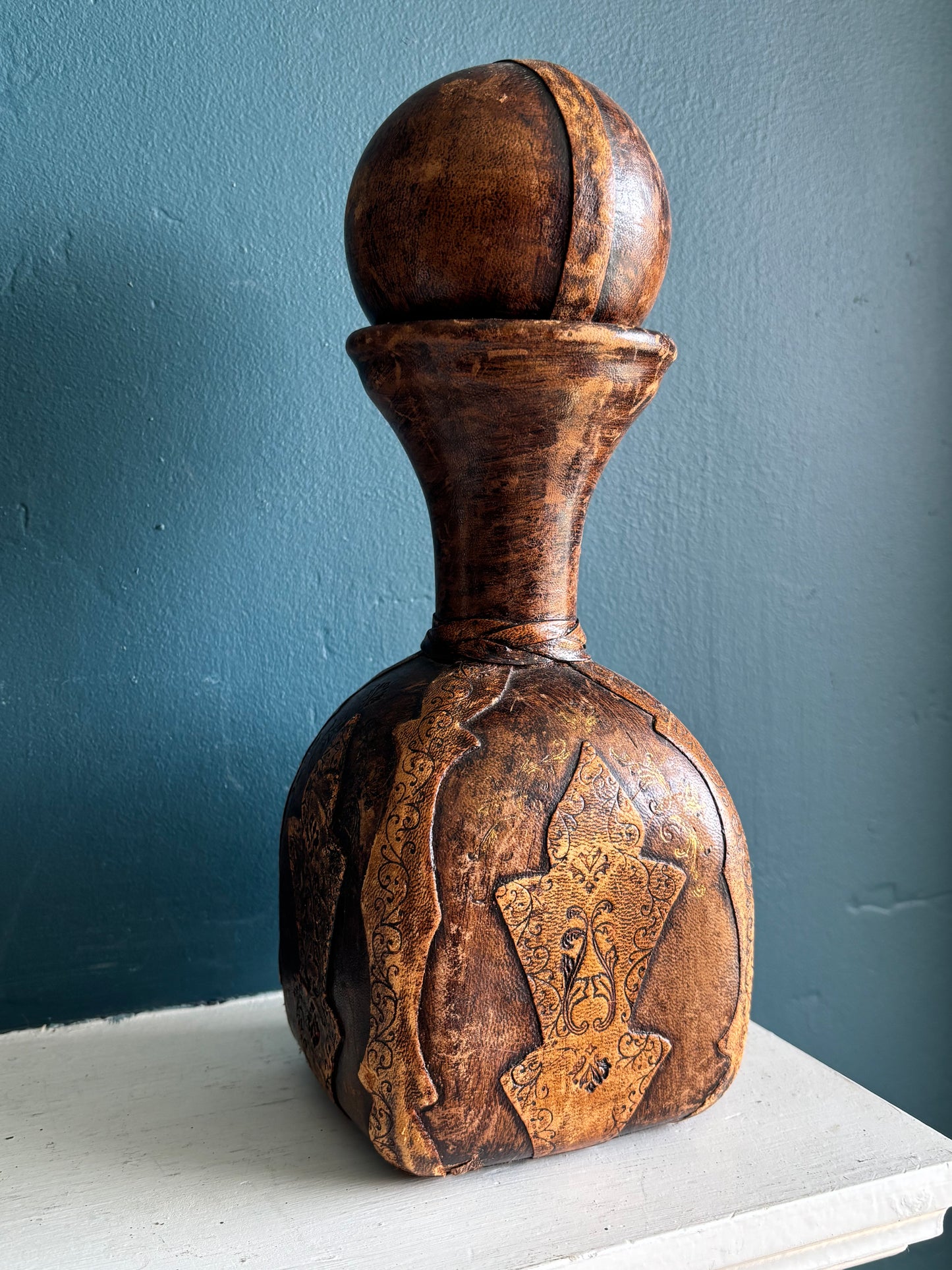 Vintage Italian Leather Wrapped Glass Bottle Old World Charm