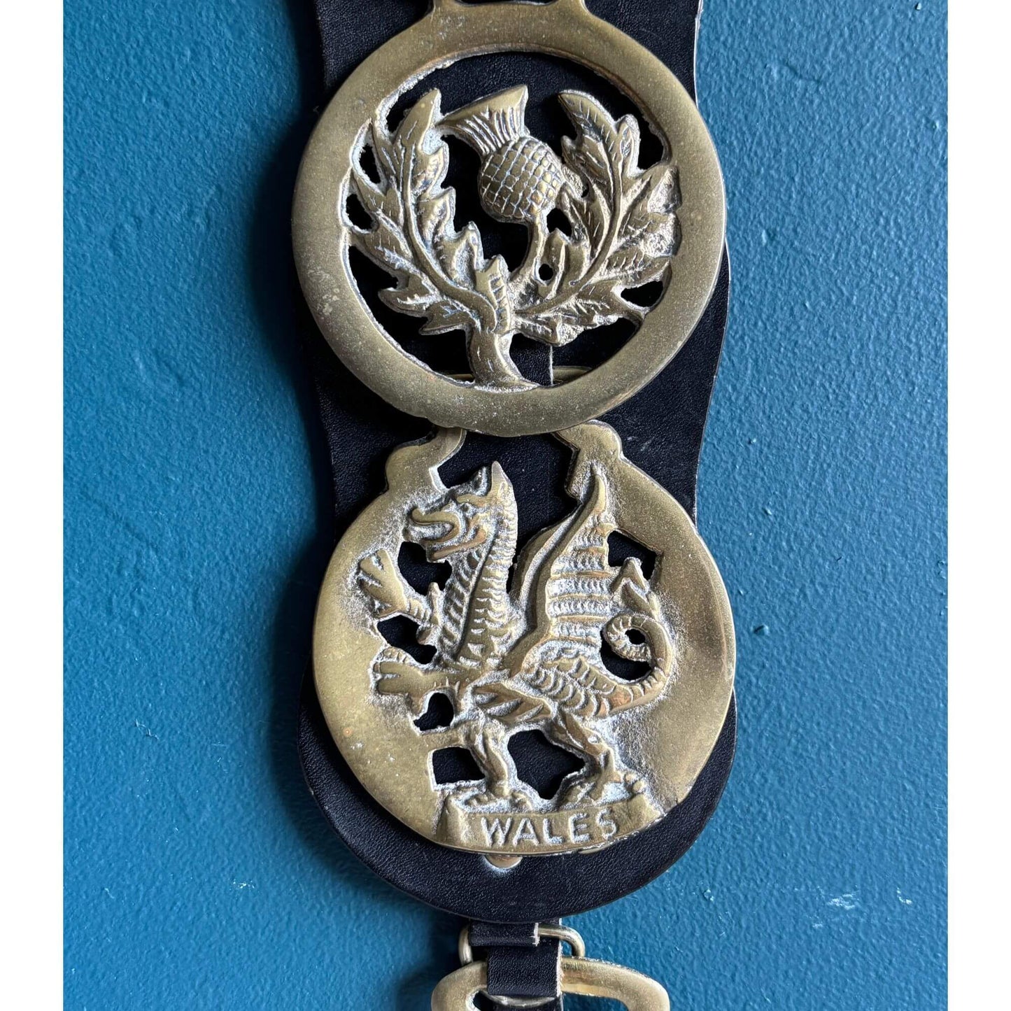 Vintage English Brass Horse Medallions on Leather Strap image 4