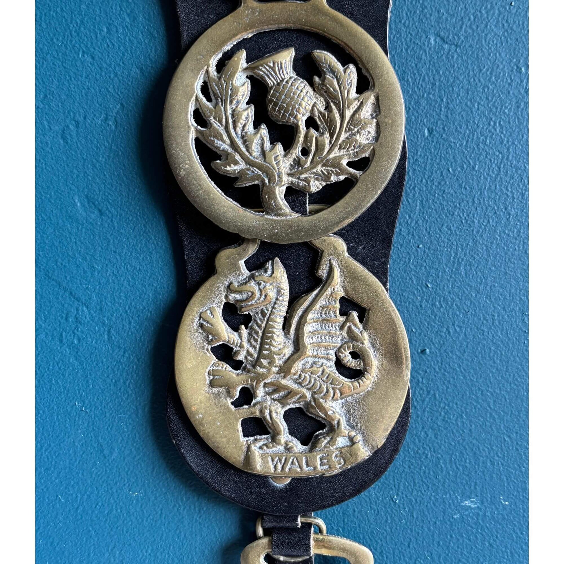 Vintage English Brass Horse Medallions on Leather Strap image 4