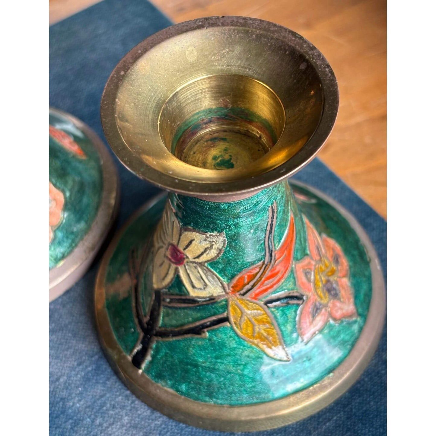 Vintage Green/Teal Cloisonné Floral Candlesticks image 3