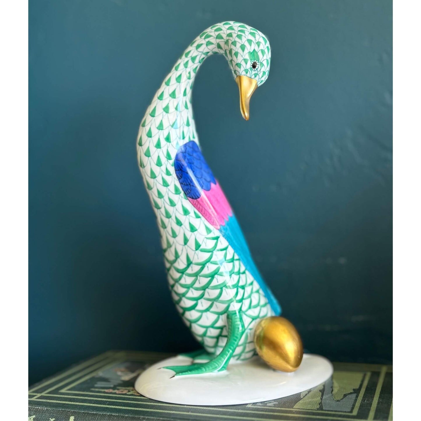 Large Herend Green Fishnet Goose figurine with Golden Egg 7.5" image 0