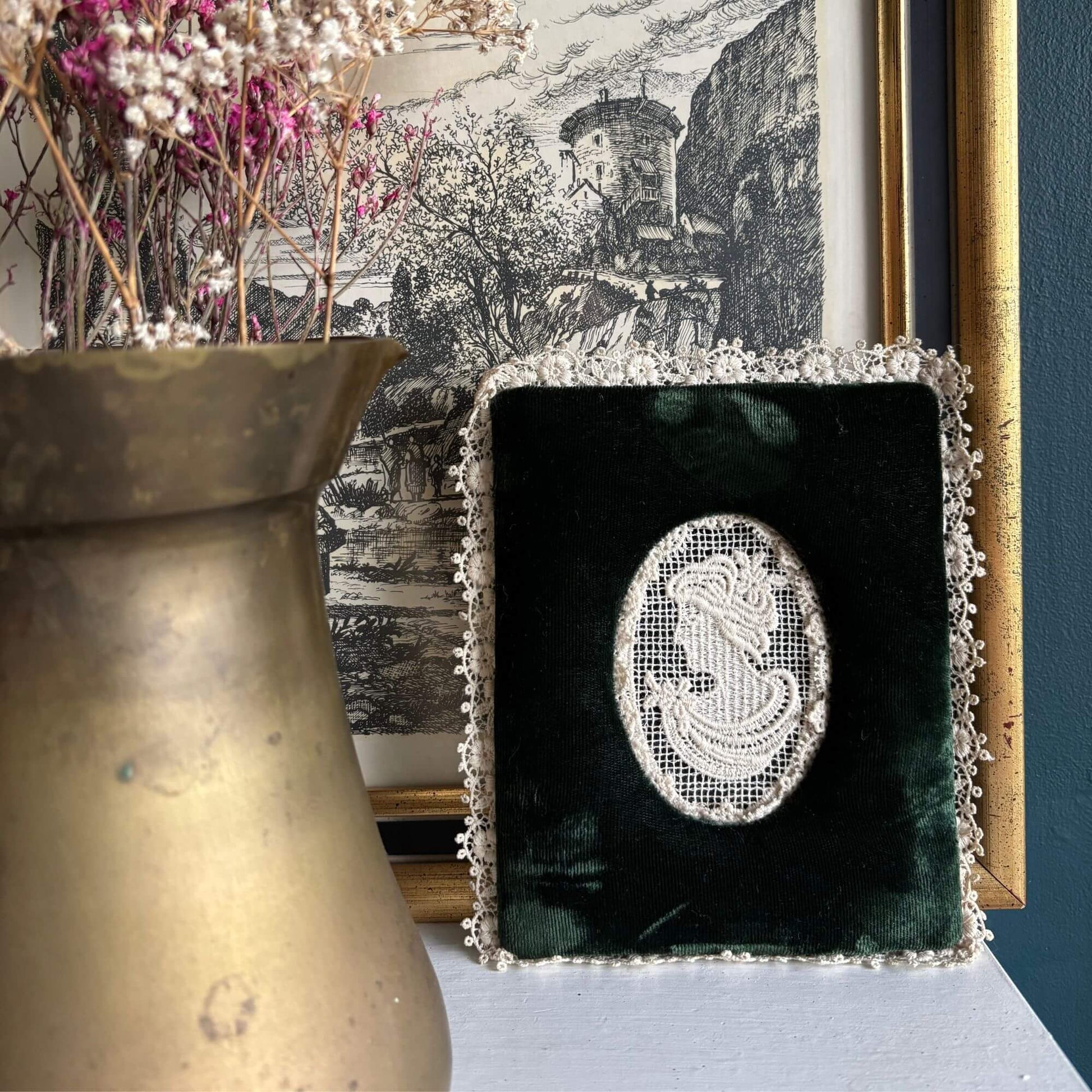 Vintage Green Velvet Lace Cameo Pin Cushion Frame image 3
