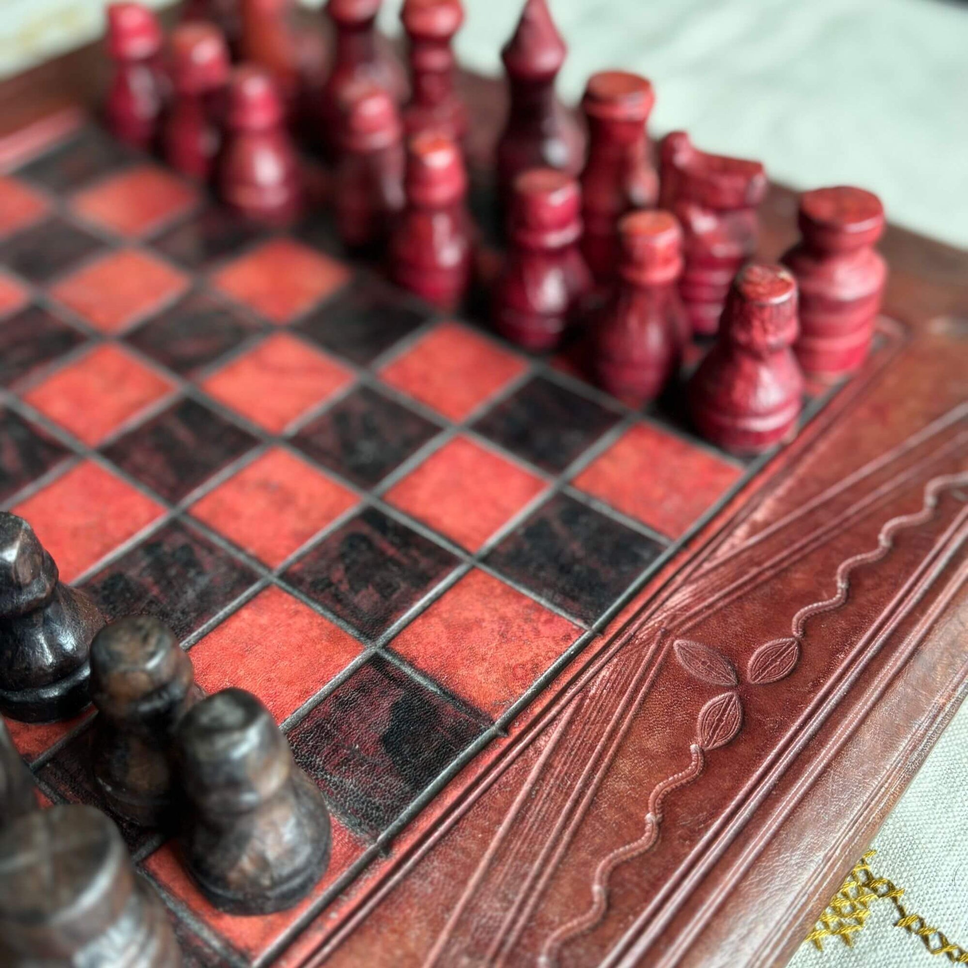 Vintage Hand Tooled Leather Chess Set Burgundy & Black image 1