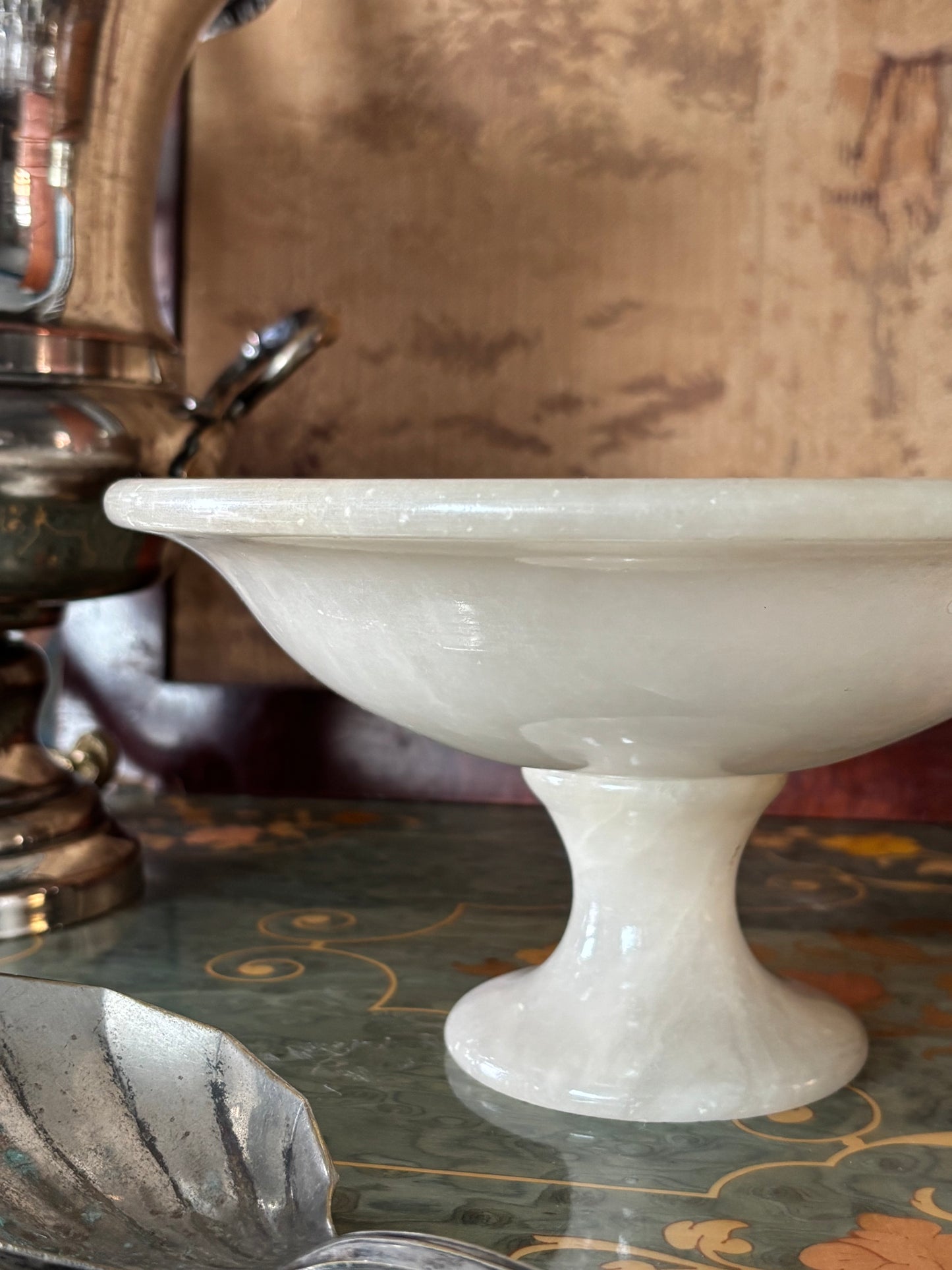 Vintage Alabaster Compote 8" Tazza Pedestal Bowl