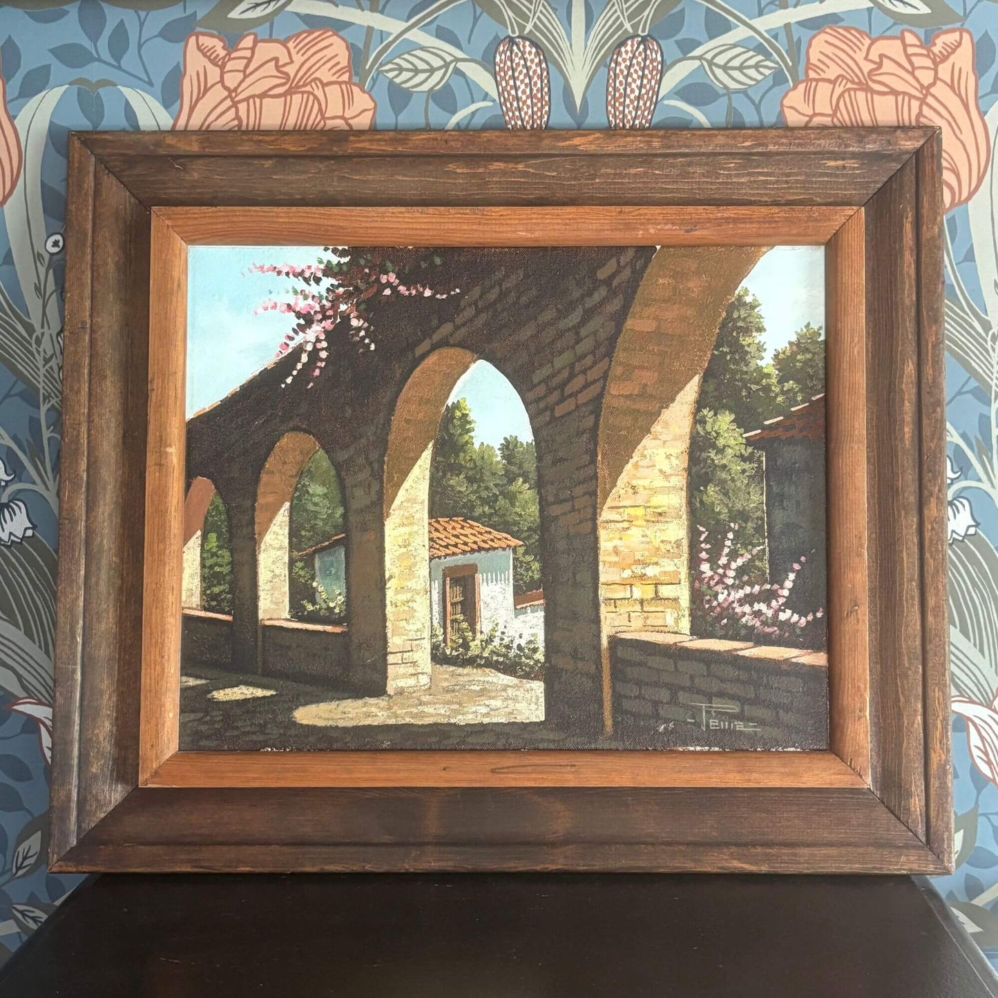 Vintage Mediterranean Architectural Signed Framed Painting image 0