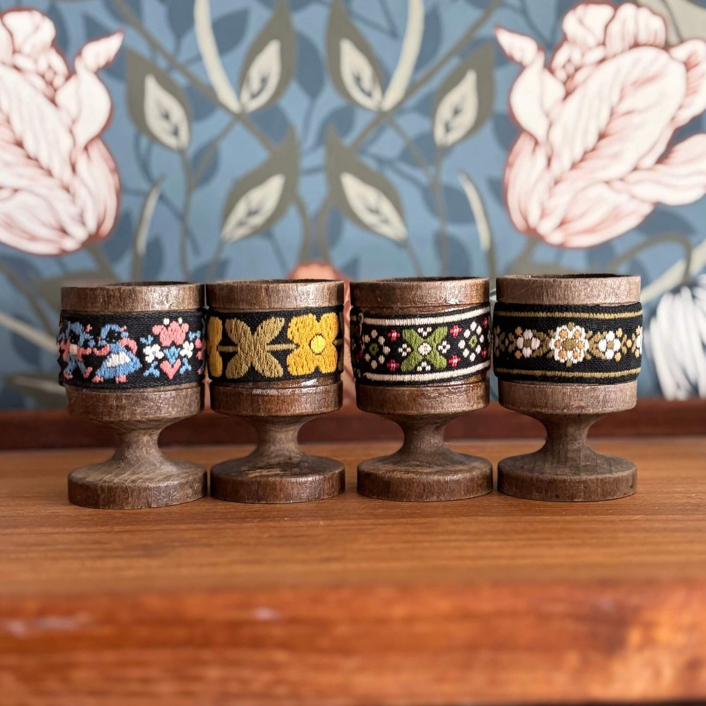 Vintage Tiroler Webkunst Austrian Wooden Egg Cup Holders Set of 4 image 1