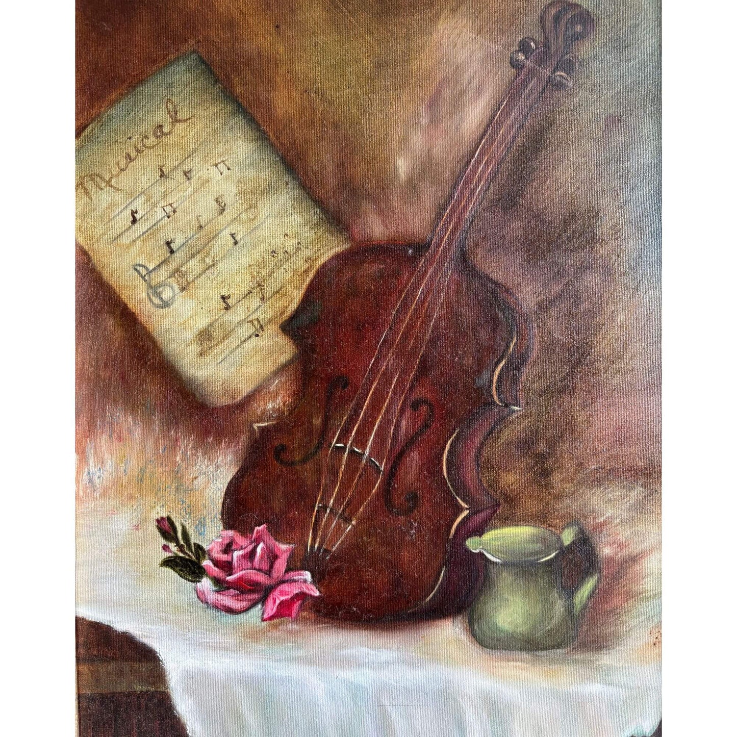 Vintage Violin Still Life Framed Oil Painting image 1