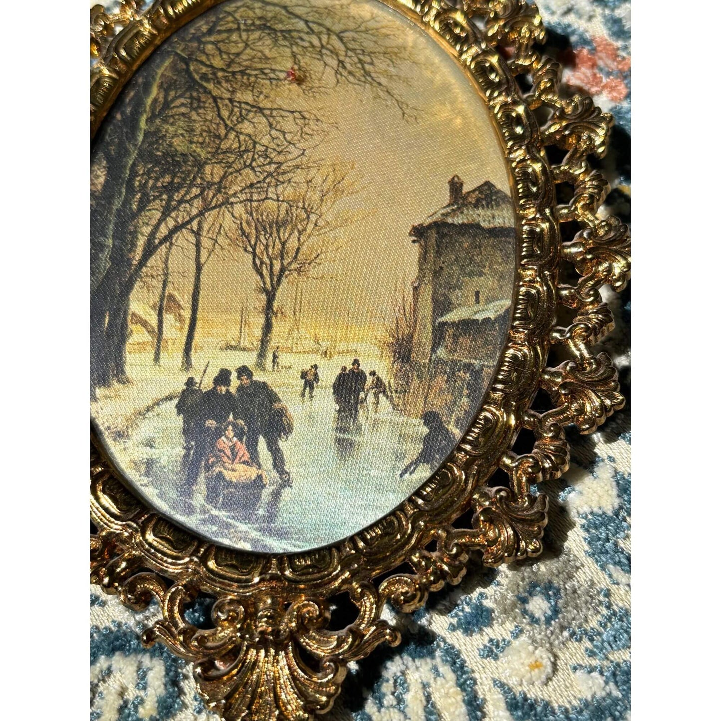 Vintage Italian Winter Scene Framed in Gold Metal image 1