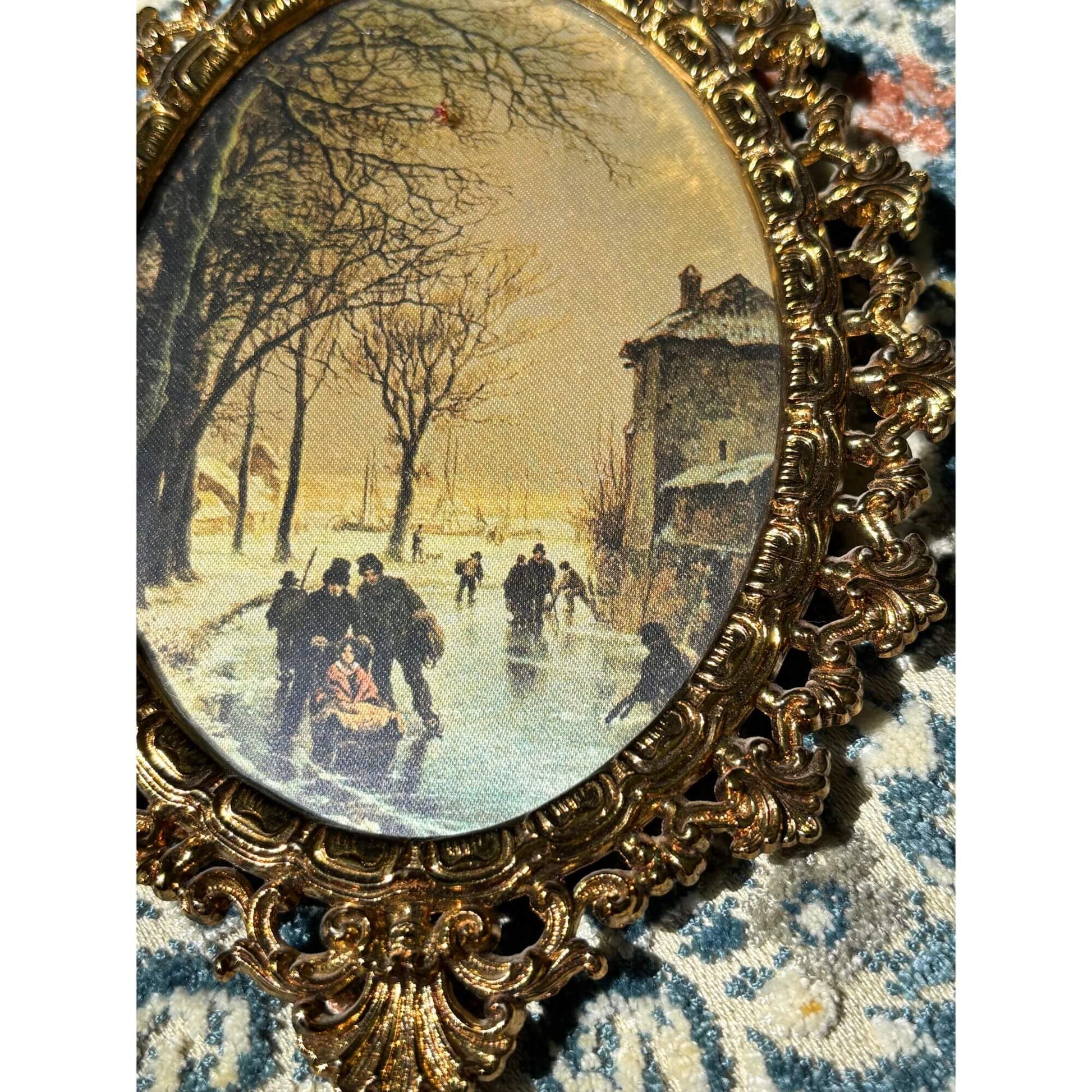 Vintage Italian Winter Scene Framed in Gold Metal image 1