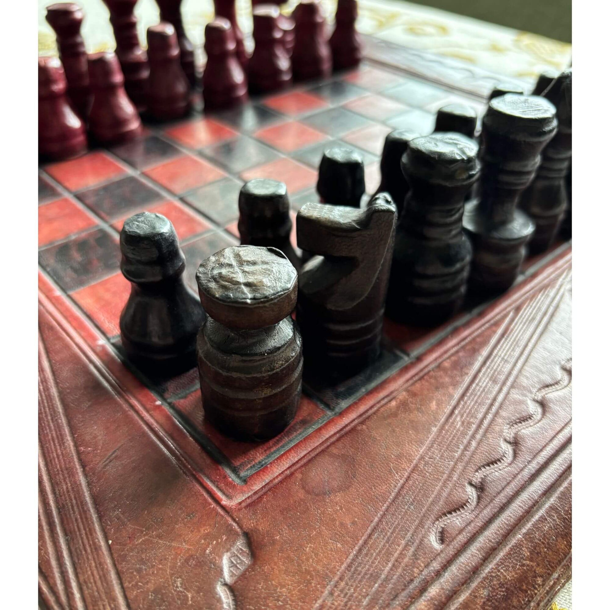 Vintage Hand Tooled Leather Chess Set Burgundy & Black image 12