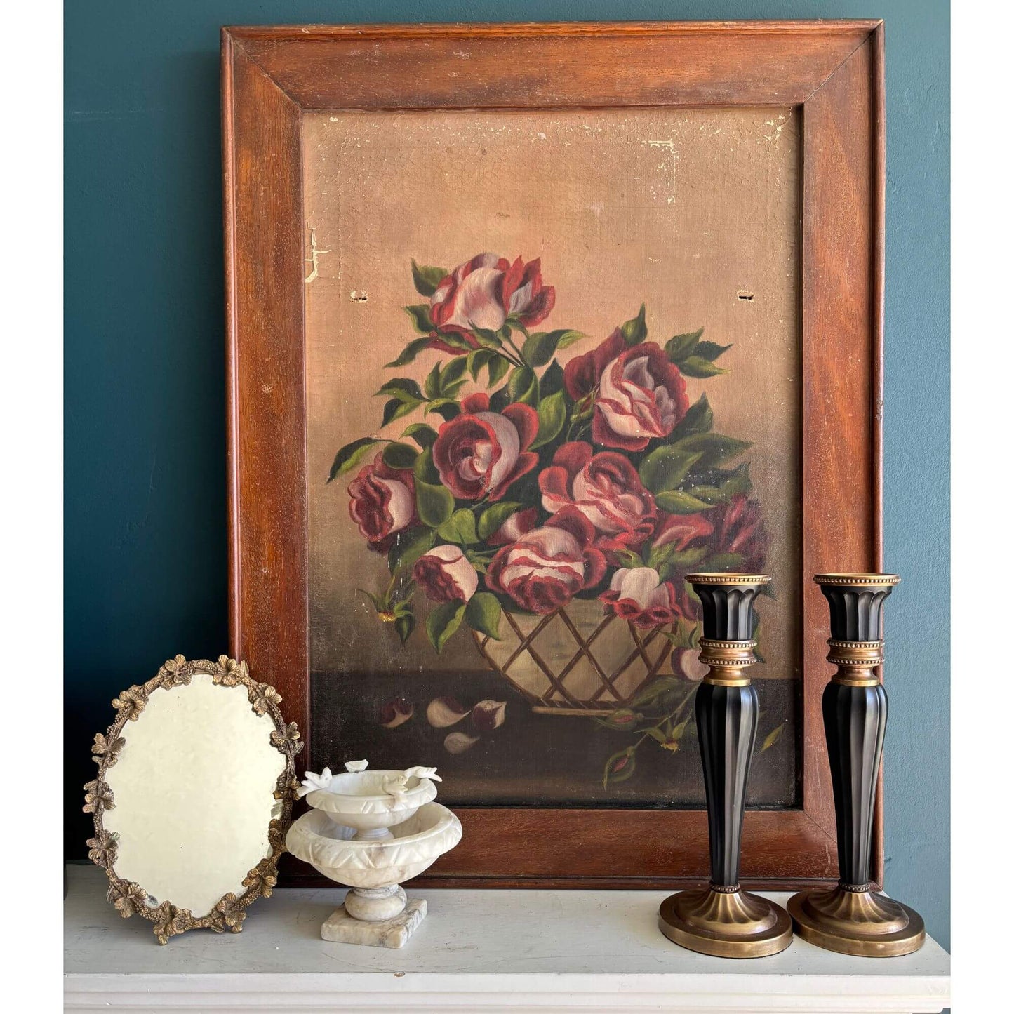 Antique European Oil Painting Framed Moody Still Life Roses image 5