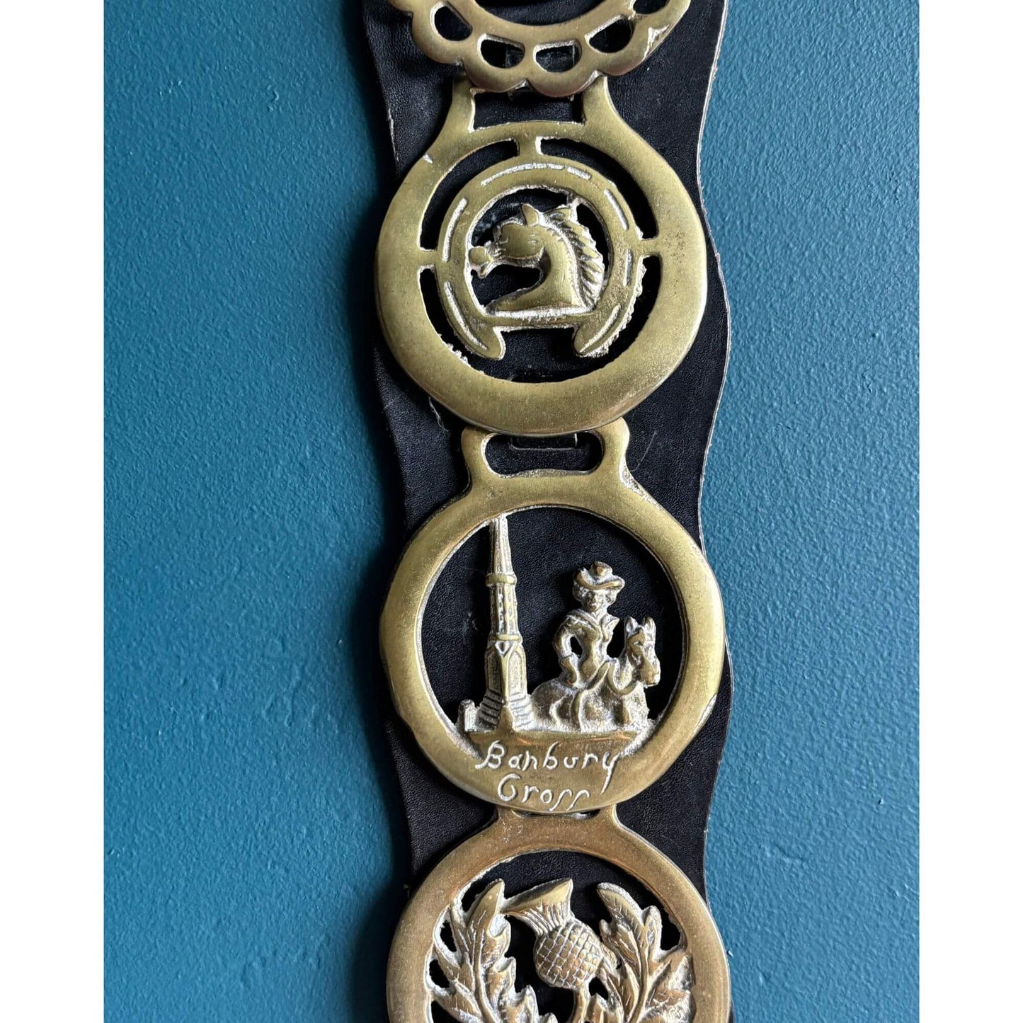 Vintage English Brass Horse Medallions on Leather Strap image 1