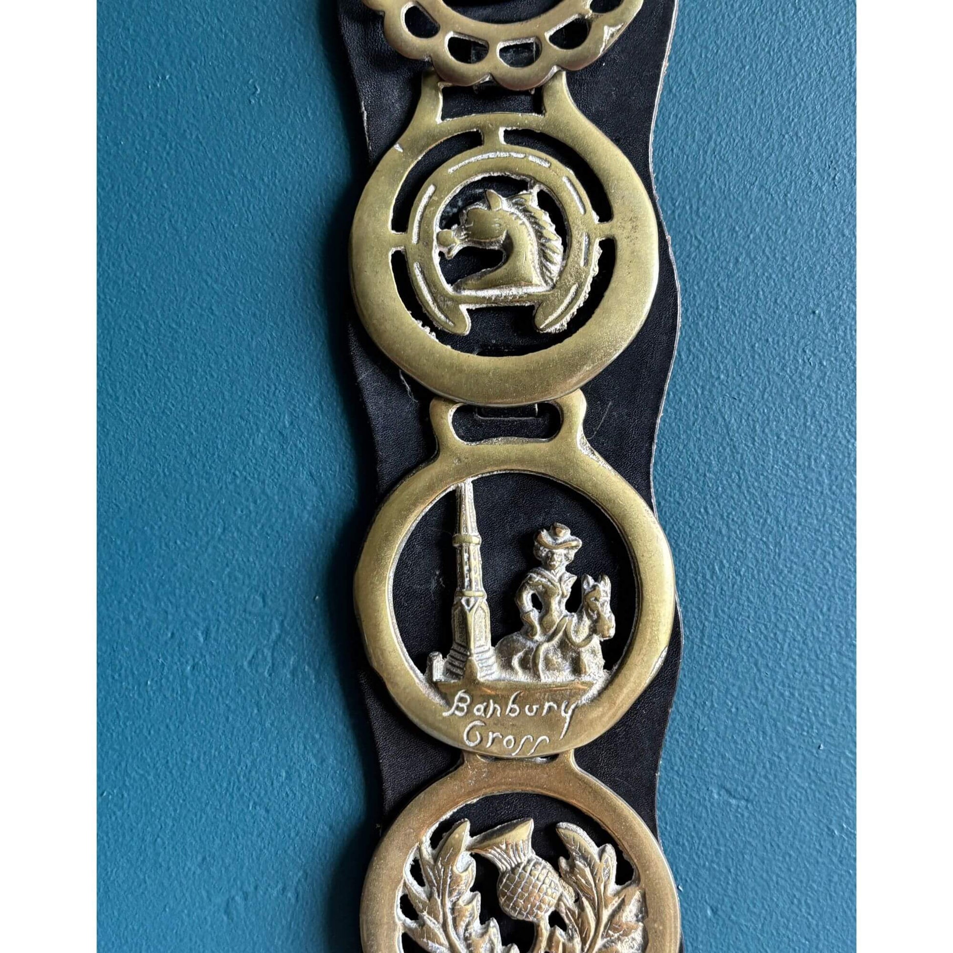 Vintage English Brass Horse Medallions on Leather Strap image 1