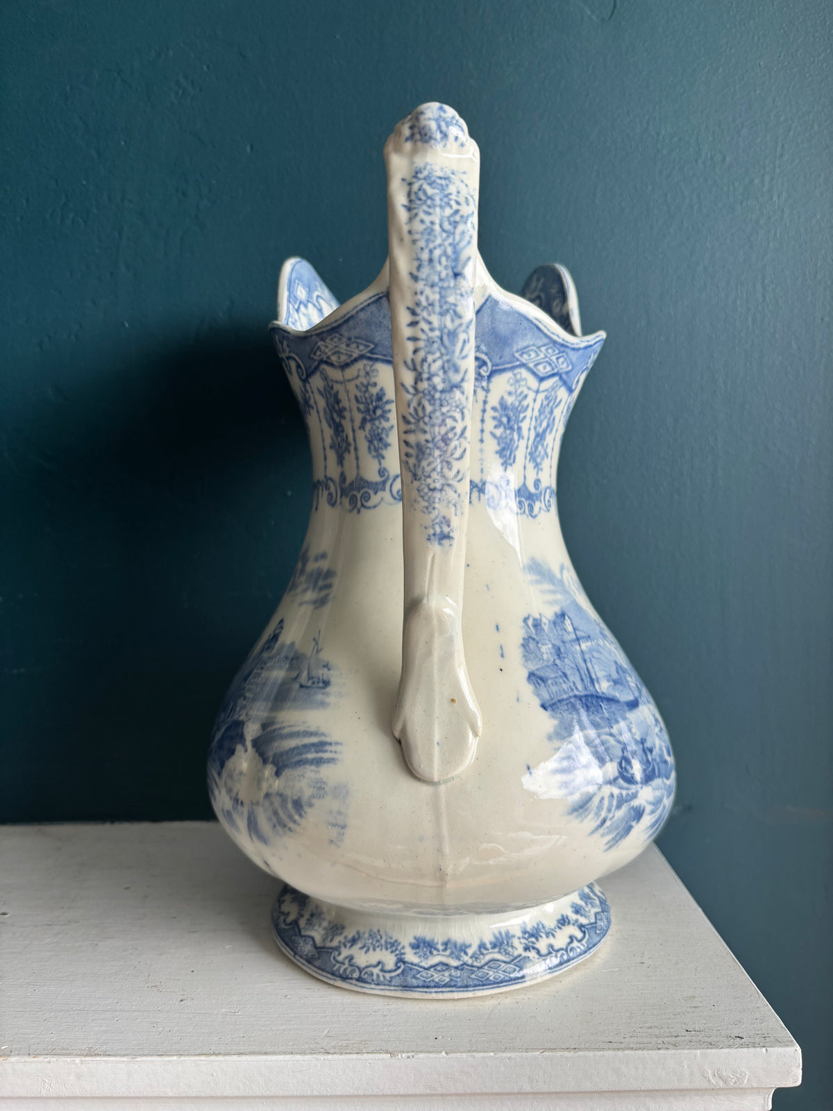 Large & Elegant Blue & White Transferware English Wash Pitcher
