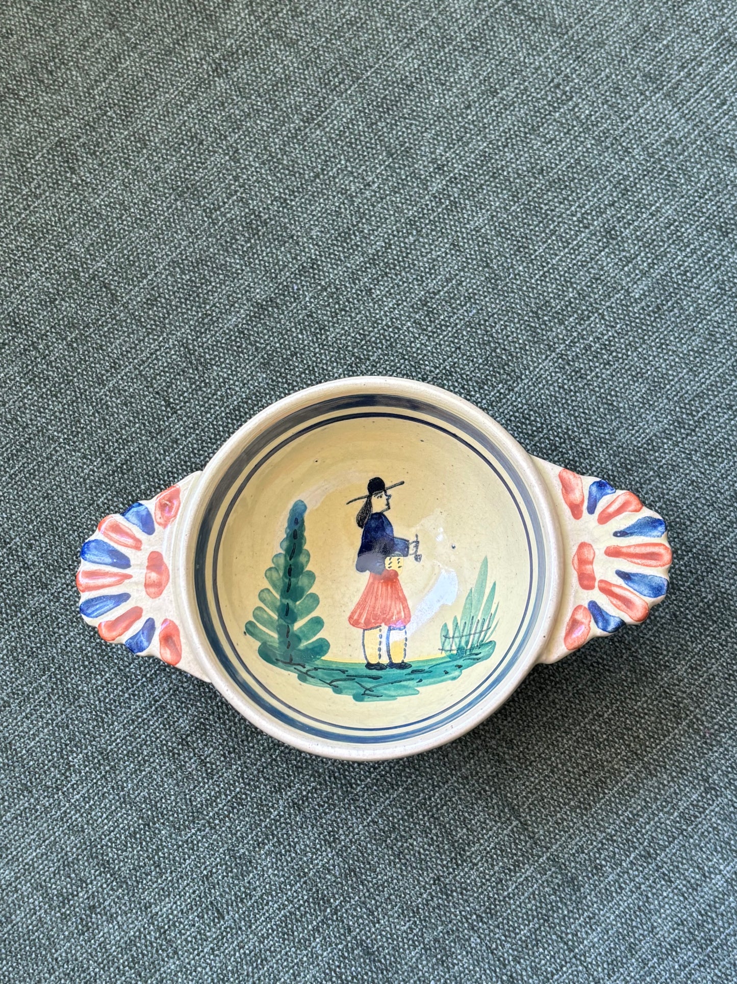 Vintage Hand Painted French Faience Quimper Lug Handled Bowl