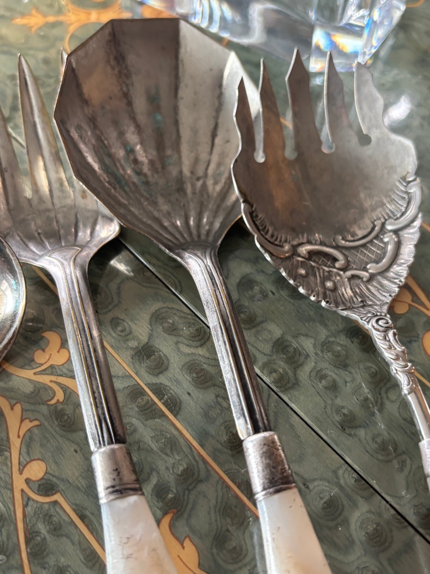 Antique Mother of Pearl Sterling Servingware Dining Utensils Set of 5