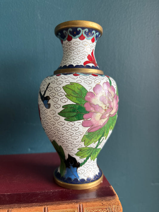 Cloisonné Bird & Floral White Vase