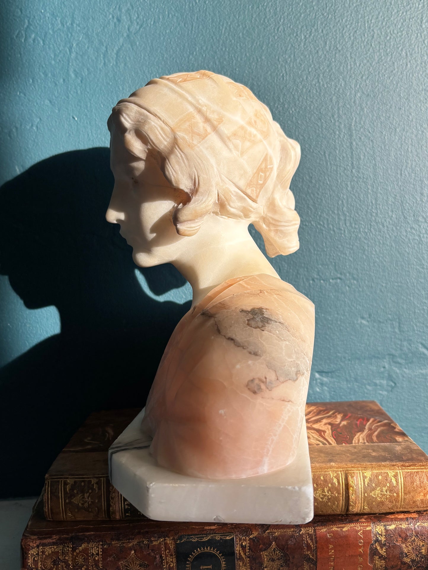 Vintage Signed Italian Carved Alabaster Female Bust Pink & White Sculpture
