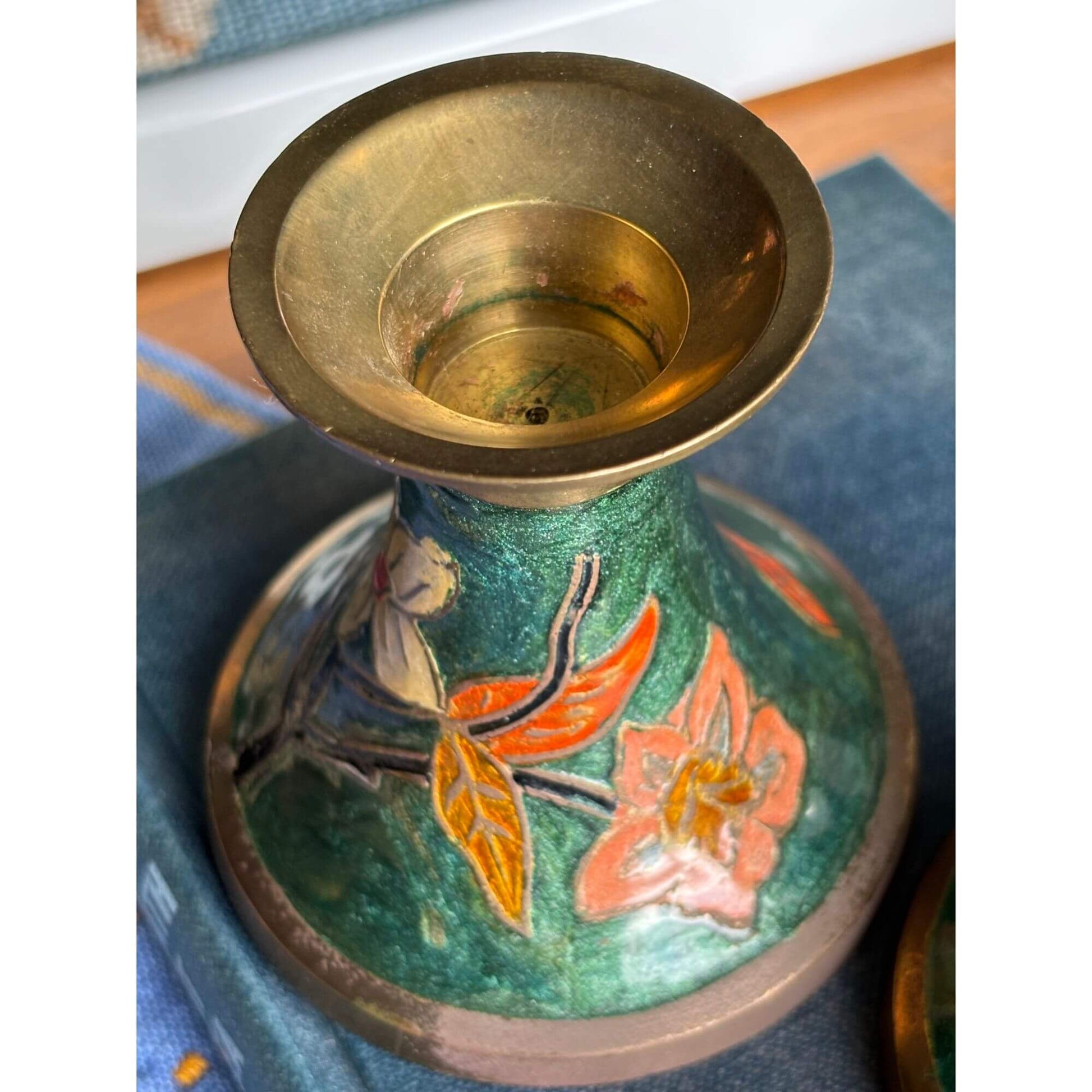 Vintage Green/Teal Cloisonné Floral Candlesticks image 1