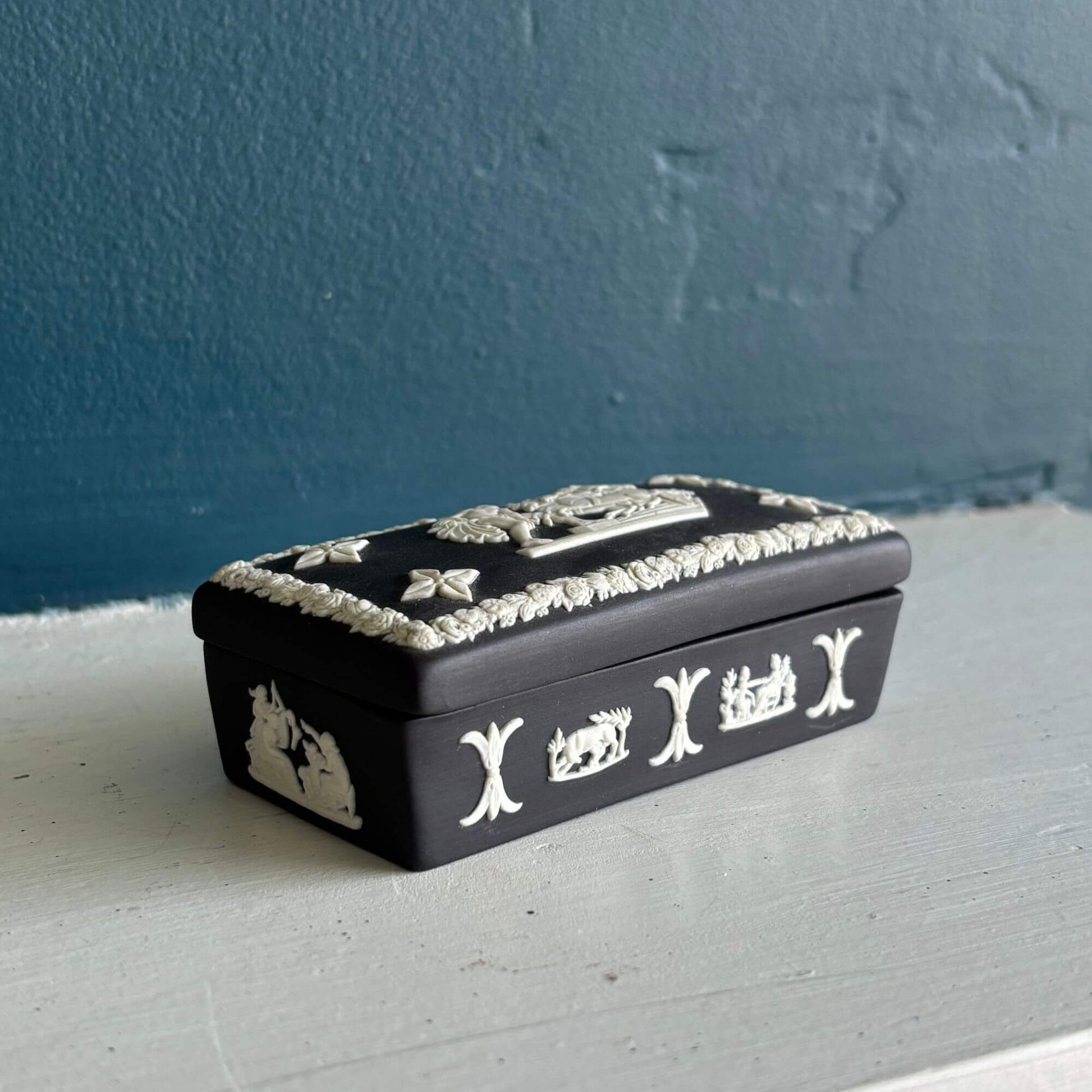 Vintage Black Wedgwood Jasperware Rectangle Lidded Box image 1