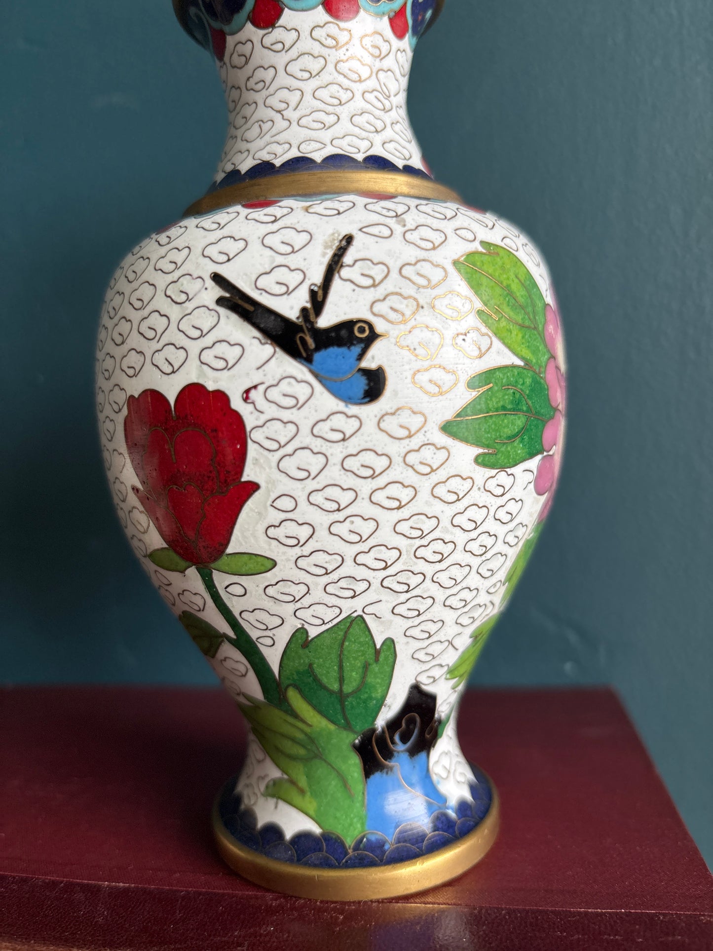 Cloisonné Bird & Floral White Vase