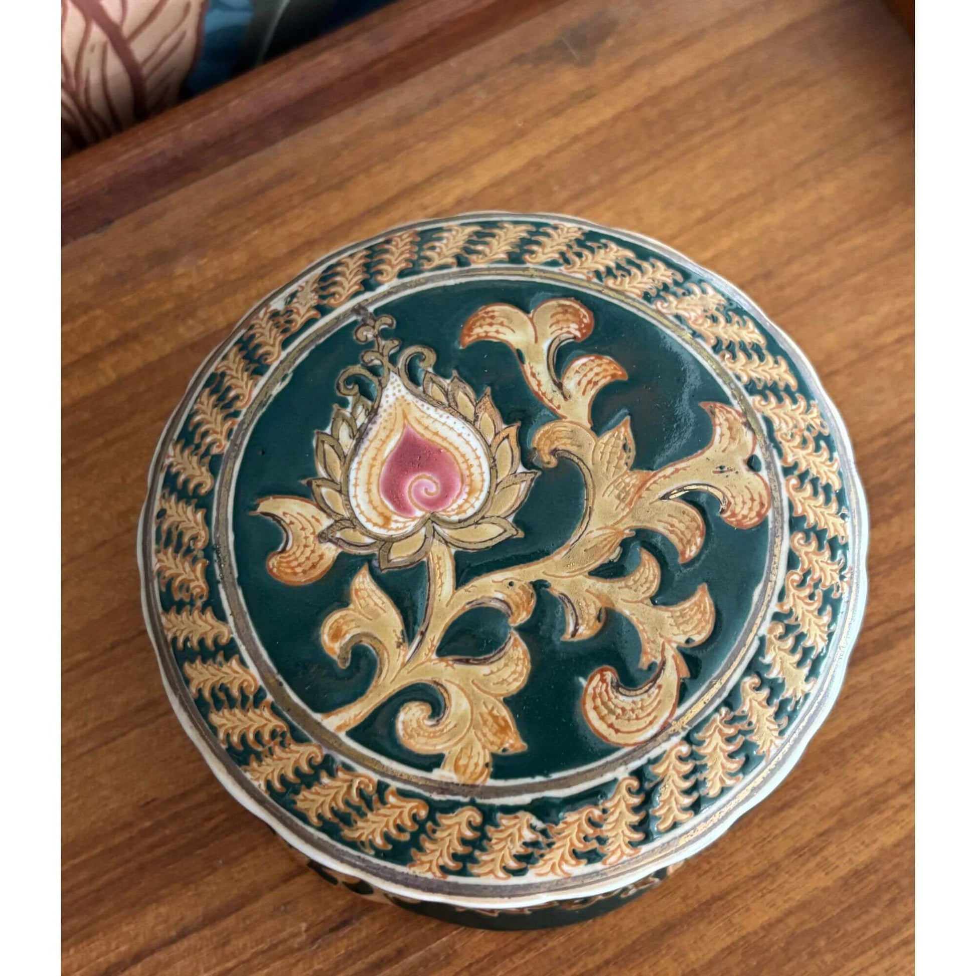 Vintage Japanese Dark Teal & Pink Paisley Lidded Jar image 1