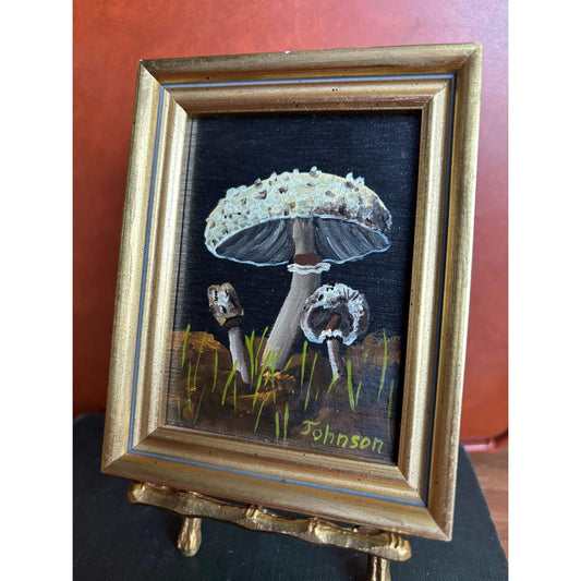 Tiny Vintage Signed Mushroom Painting with Gold Easel image 0