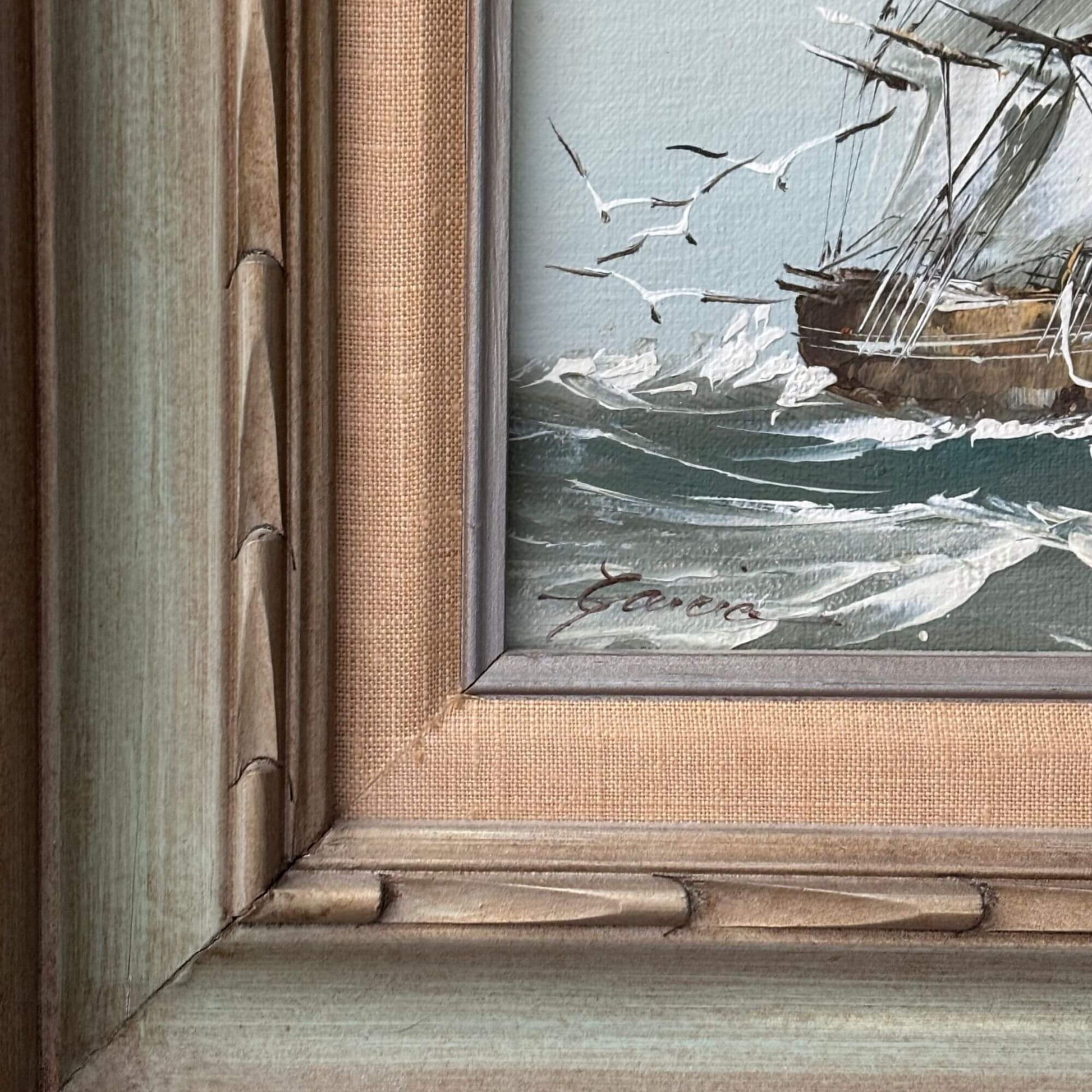 Vintage Coastal Clipper Ship Signed Painting Wooden Frame 17x15 image 5