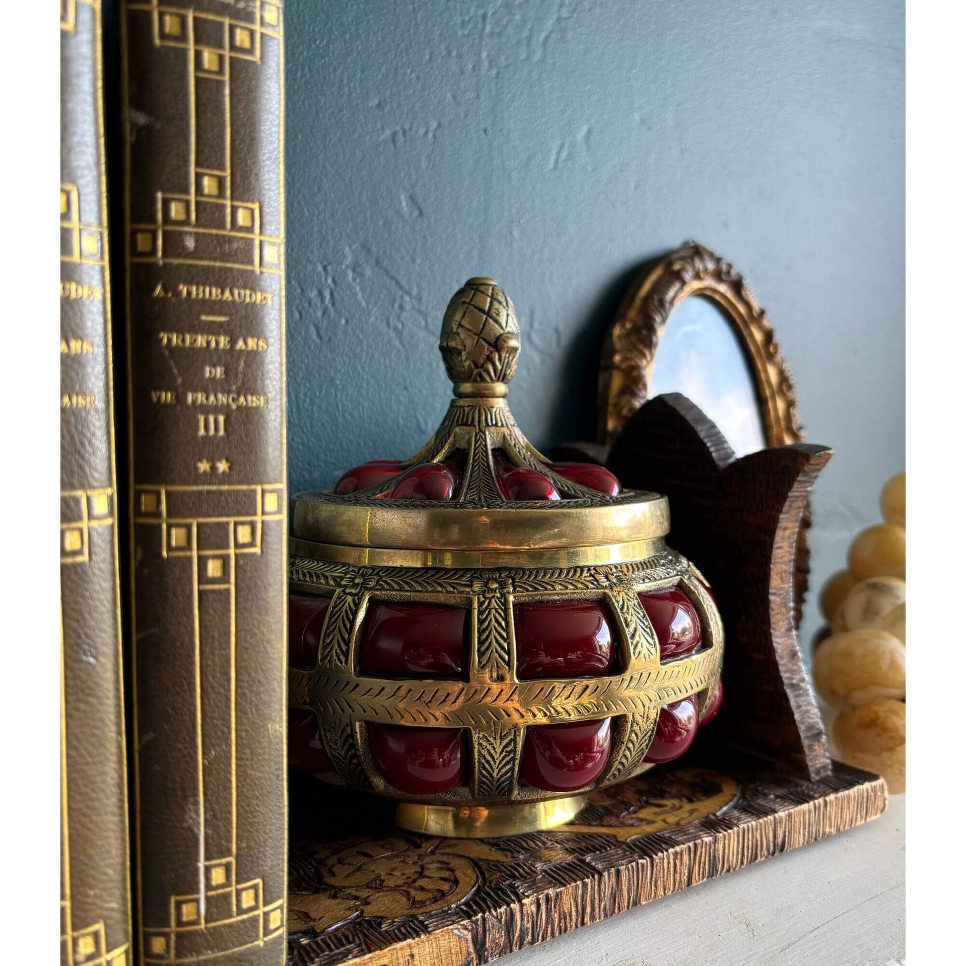 Stunning Vintage Ruby Red Bubble Glass Brass Jar image 1