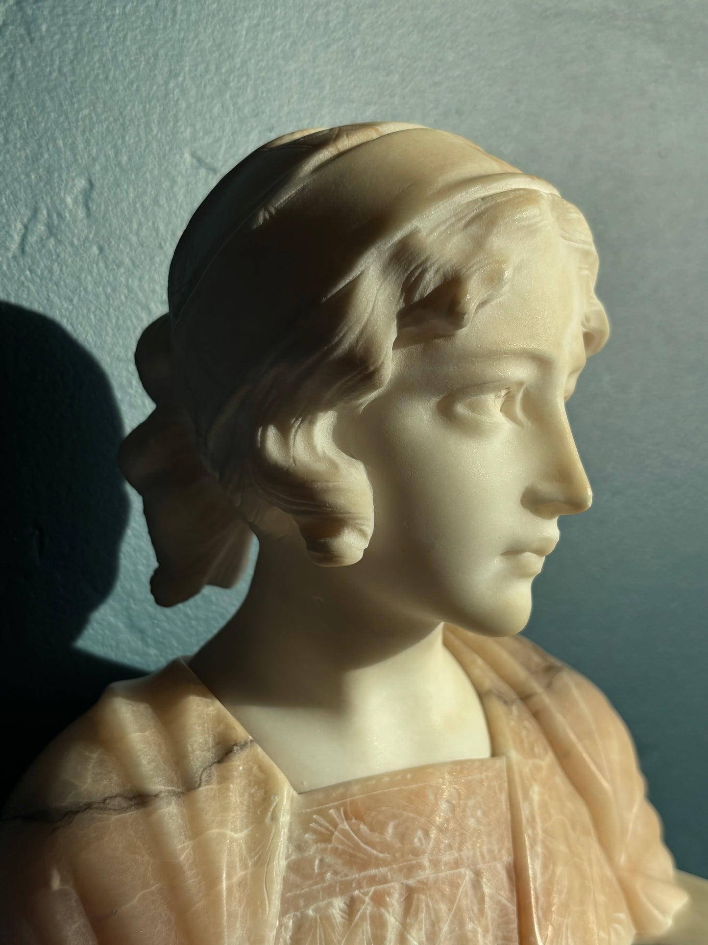 Vintage Signed Italian Carved Alabaster Female Bust Pink & White Sculpture