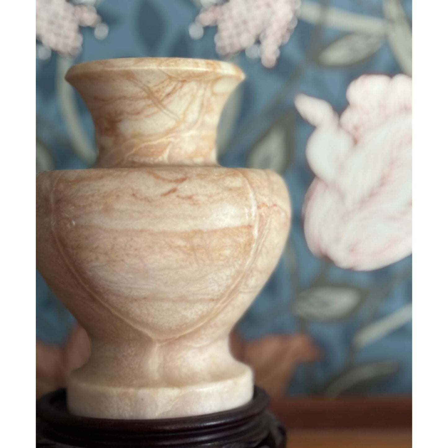 Vintage Soft Beige/Pink Alabaster Vase w/ Wooden Riser image 2