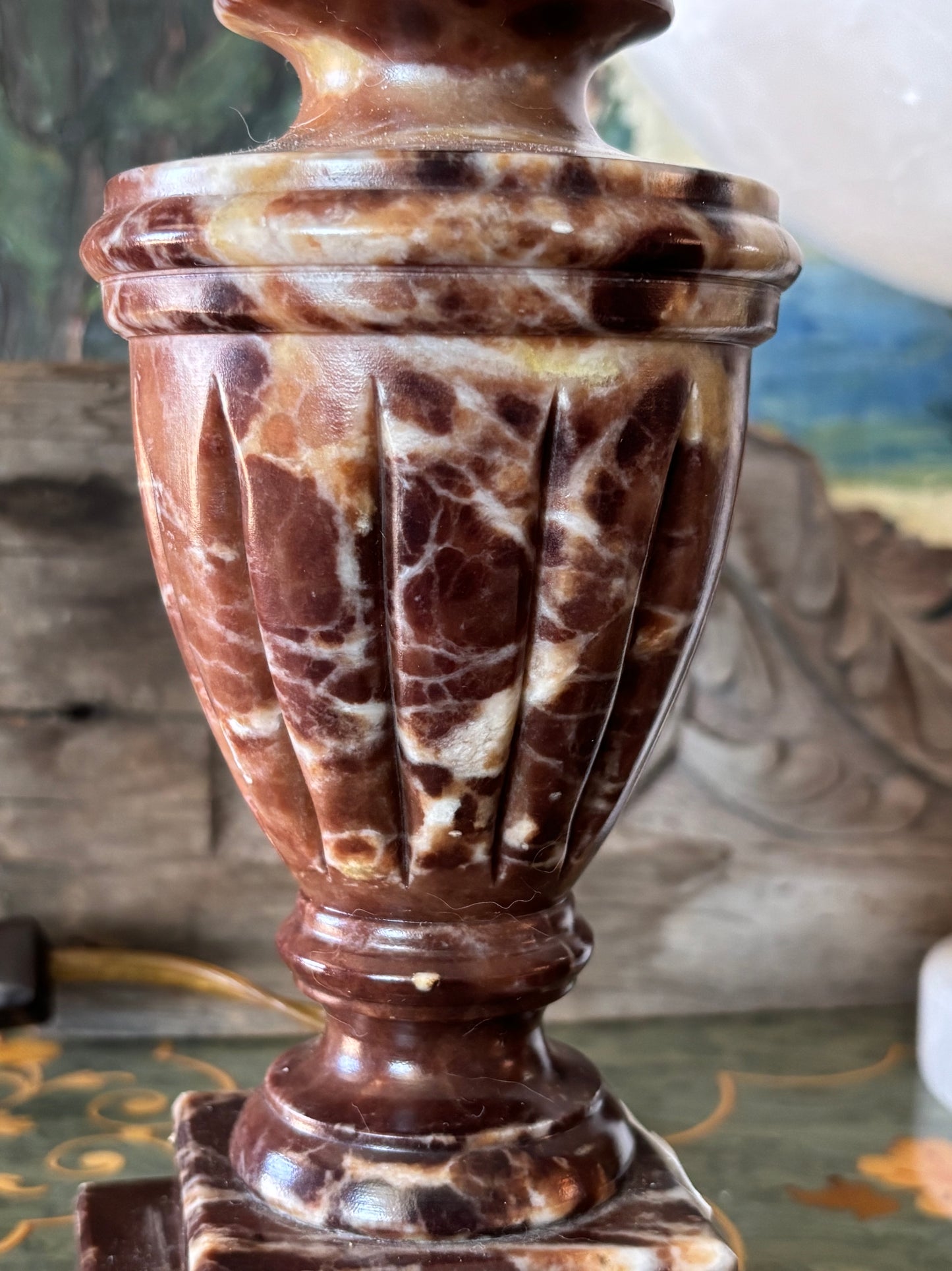 Vintage Brown Alabaster Carved Neoclassical 9” Lamp