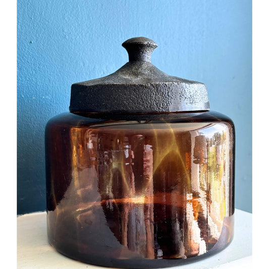 Vintage Tortoise Glass Apothecary Canister Jar w/ Metal Lid image 0
