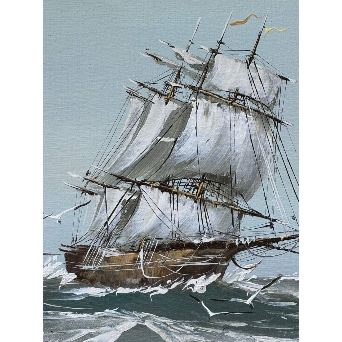 Vintage Coastal Clipper Ship Signed Painting Wooden Frame 17x15 image 1