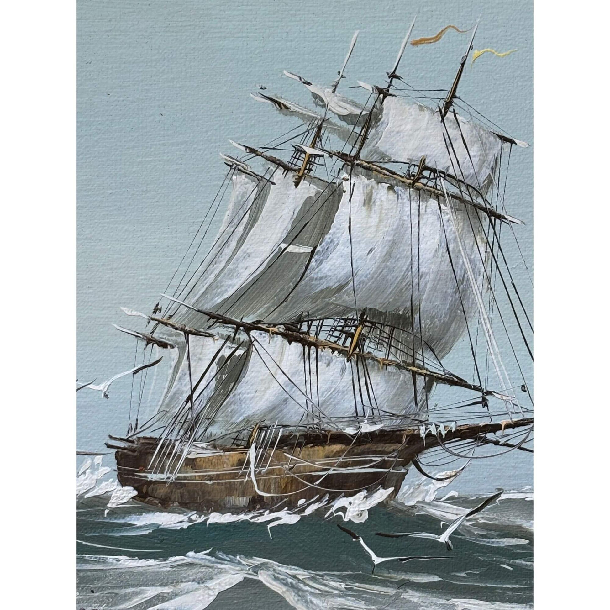 Vintage Coastal Clipper Ship Signed Painting Wooden Frame 17x15 image 1