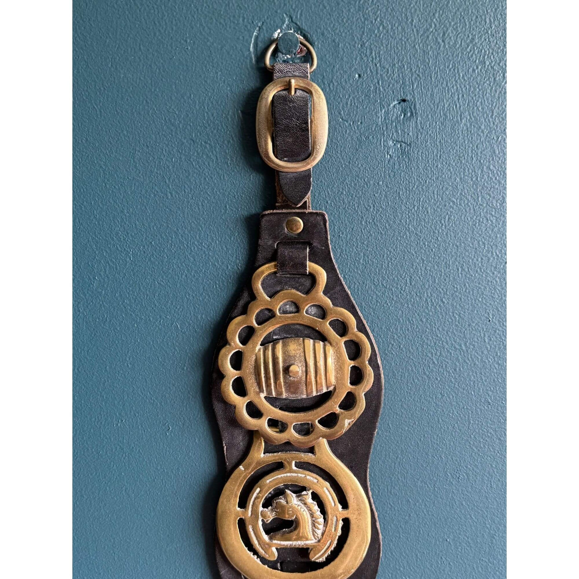 Vintage English Brass Horse Medallions on Leather Strap image 2