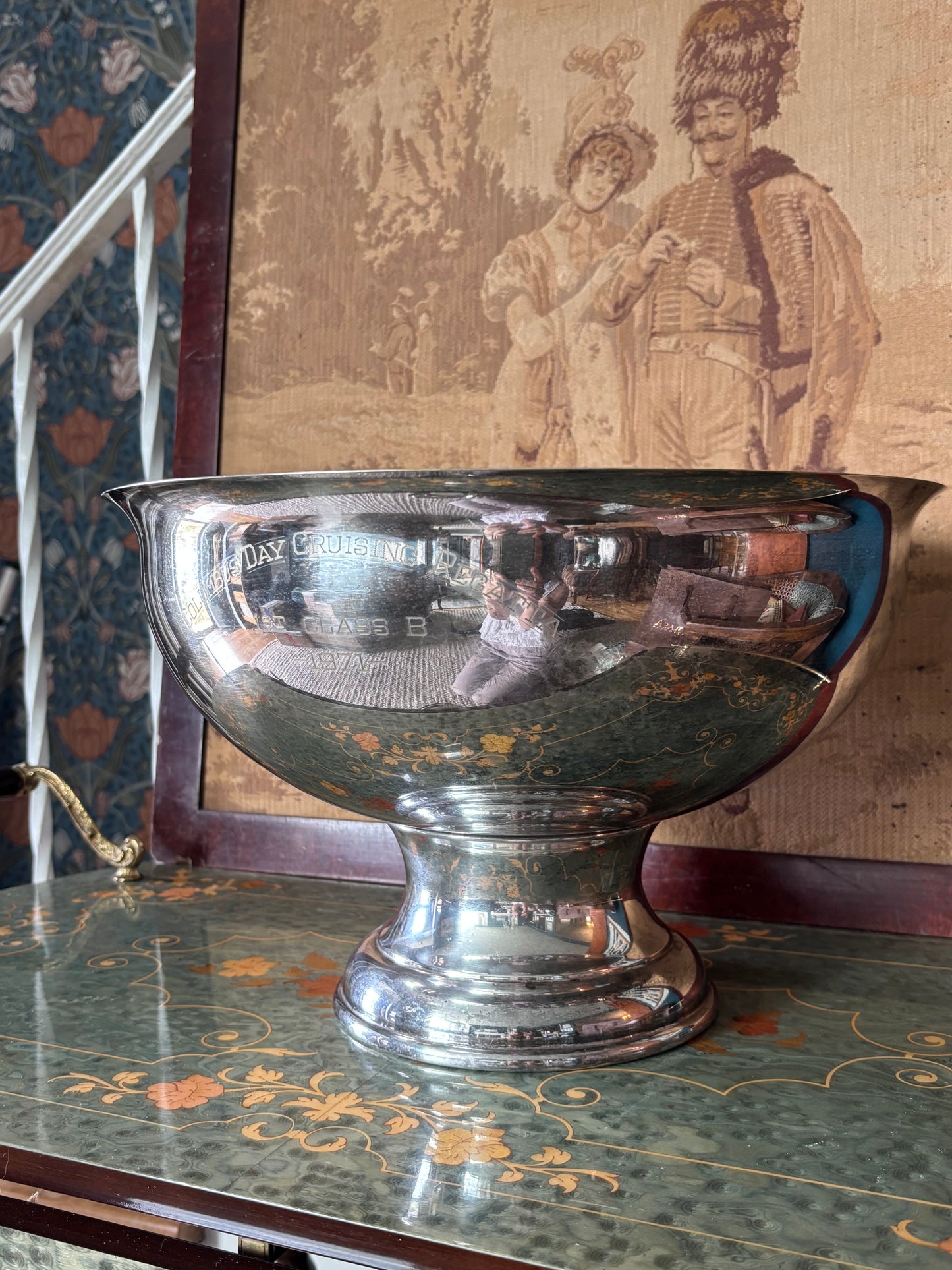 Vintage XL Paul Revere Style Silver Centerpiece Footed Bowl Regatta Engraving