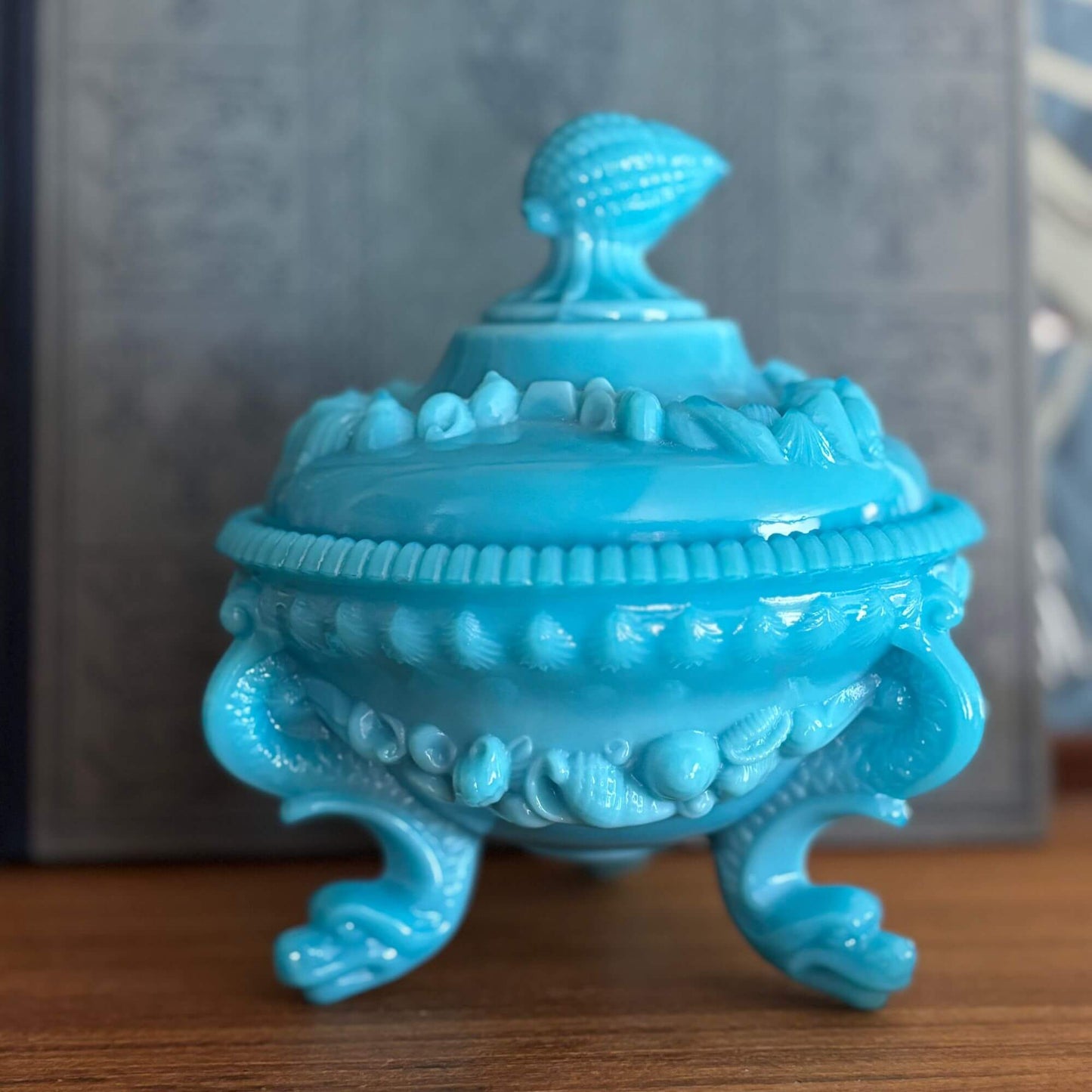 French Portieux Vallerysthal Opaline Glass Shell & Dragons Lidded Dish image 0