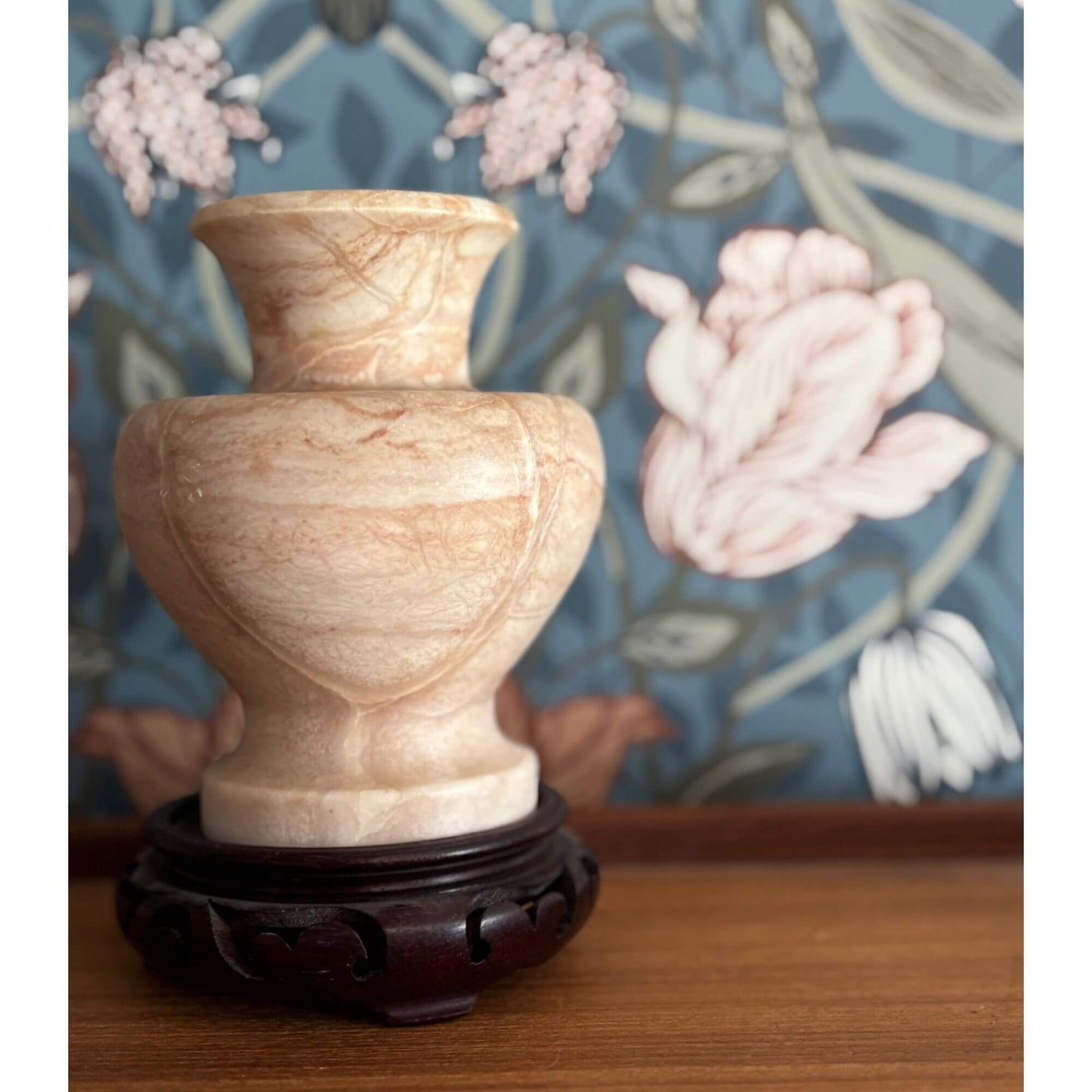 Vintage Soft Beige/Pink Alabaster Vase w/ Wooden Riser image 3