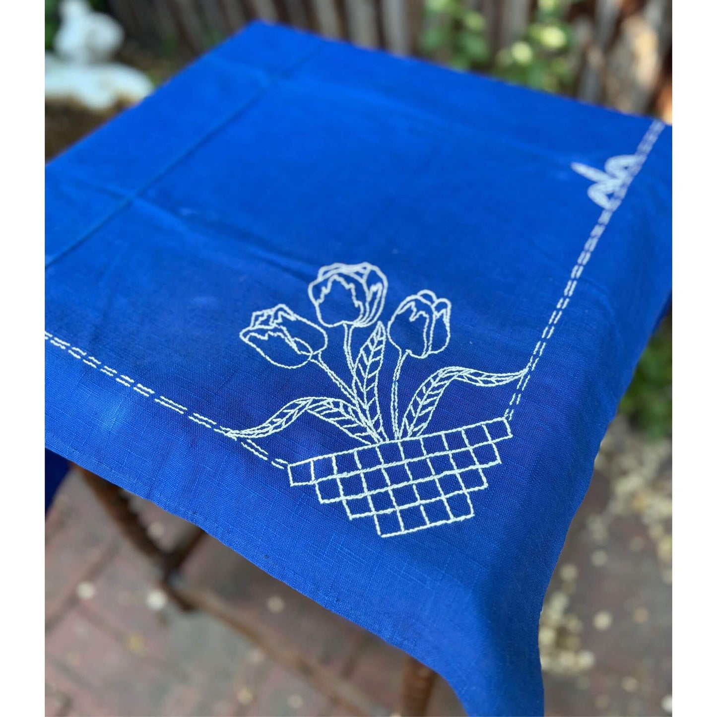 Vintage Royal Blue Linen White Tulip Embroidery Tablecloth image 3