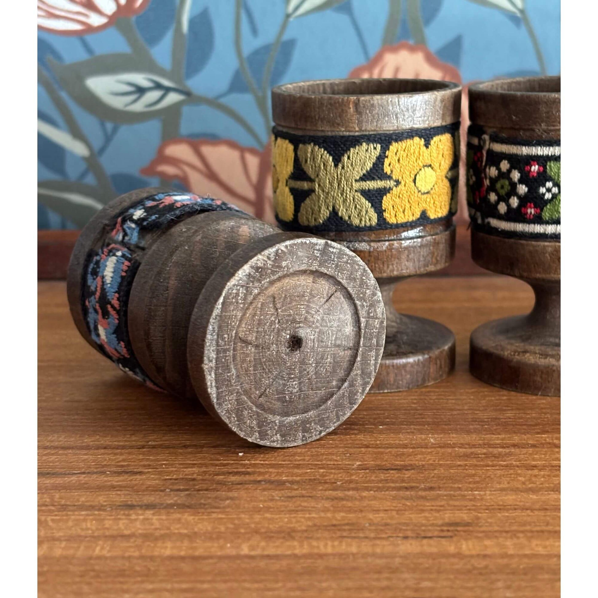 Vintage Tiroler Webkunst Austrian Wooden Egg Cup Holders Set of 4 image 5