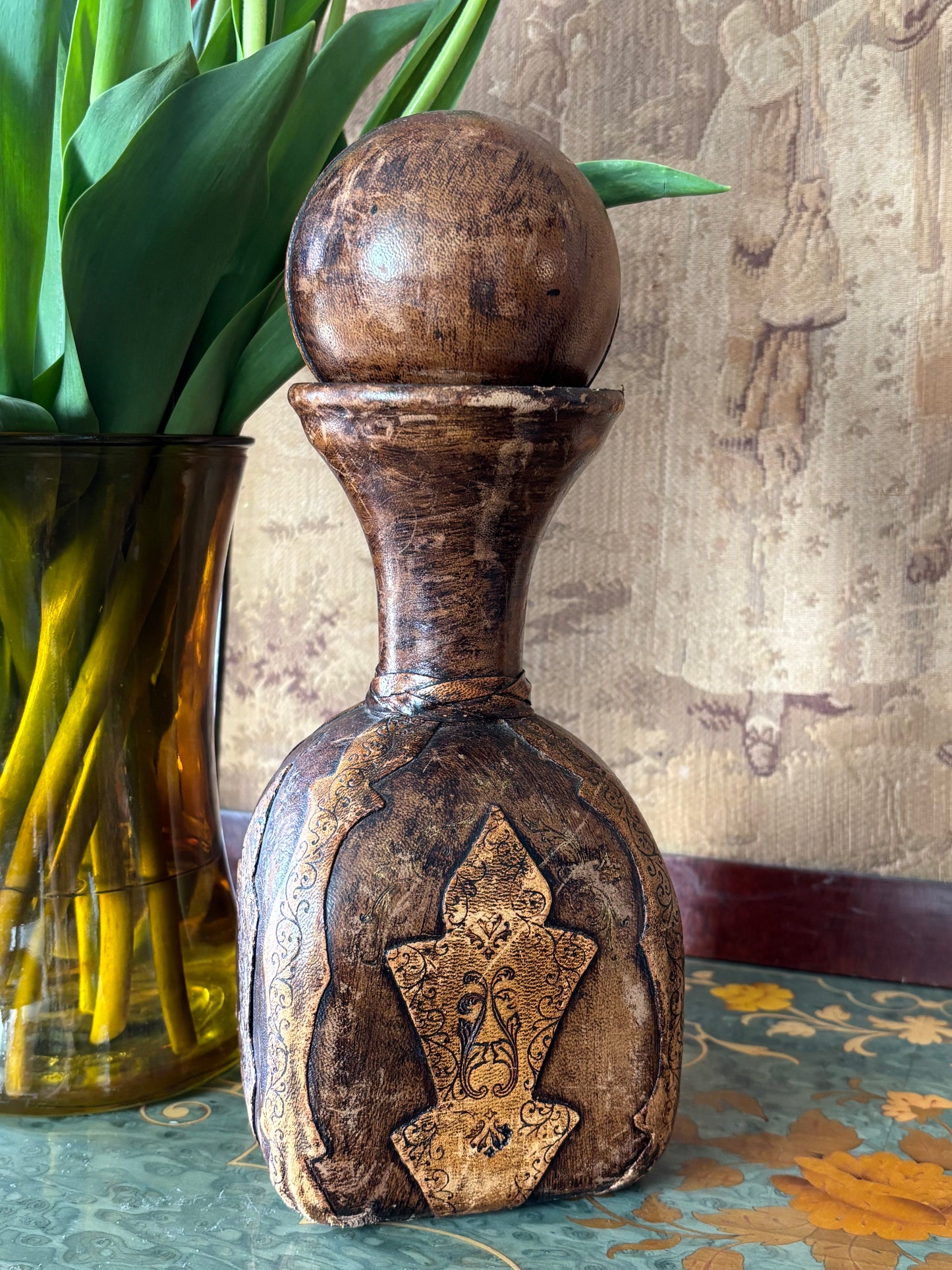 Vintage Italian Leather Wrapped Glass Bottle Old World Charm
