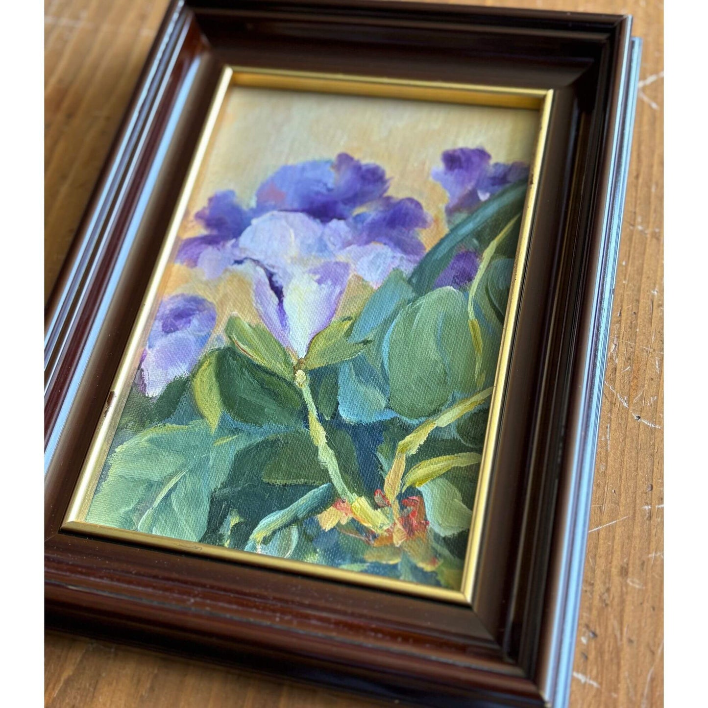 Gorgeous Framed Iris Oil Painting Dark Wood with Gold 9x12 image 1